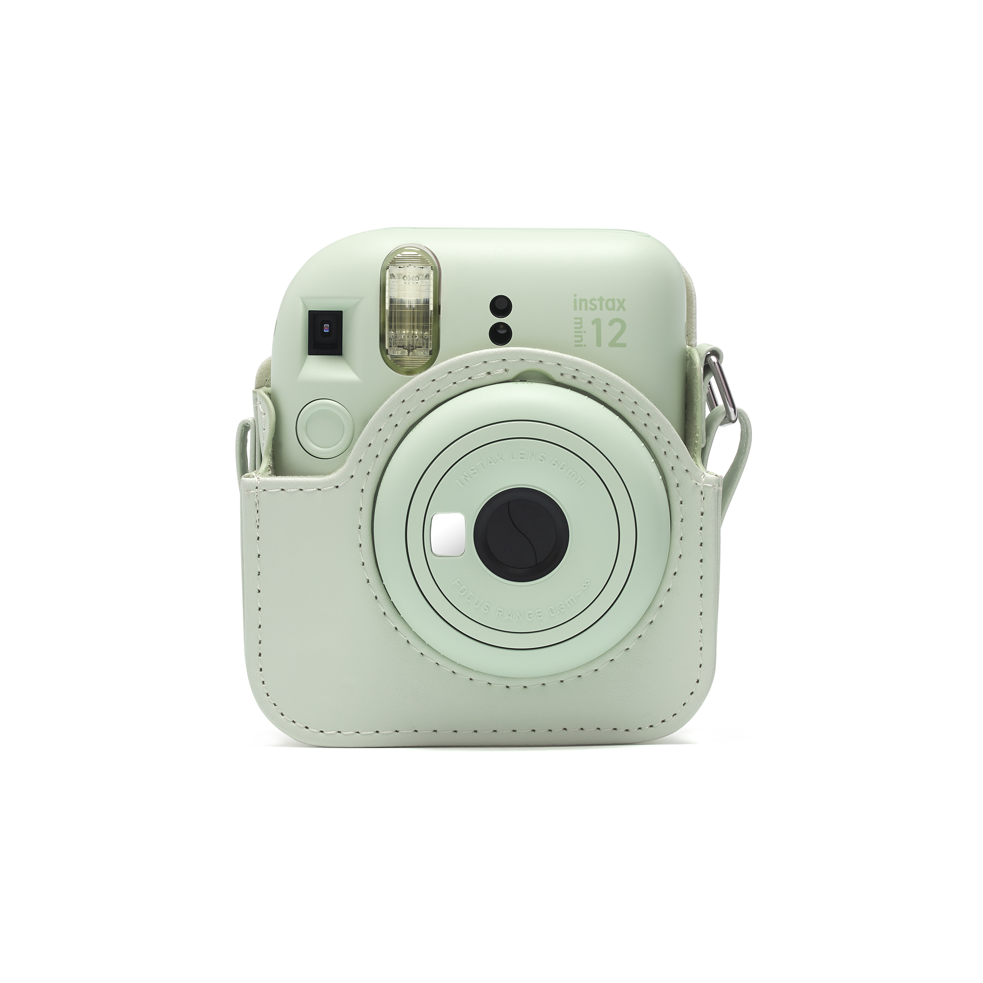 Eşleşen kılıfıyla açık yeşil anında fotoğraf makinesi, beyaz arka plan üzerinde.