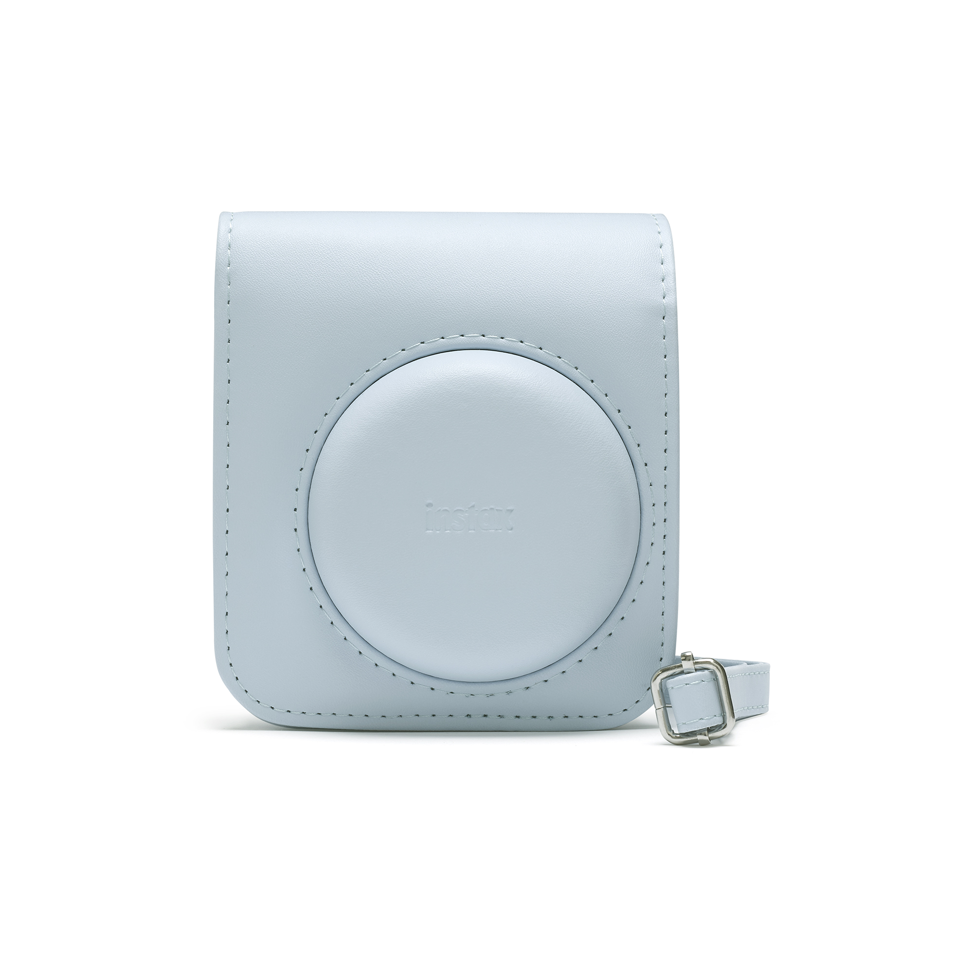 Gümüş tokalı ve Instax logolu açık mavi deri kamera çantası.
