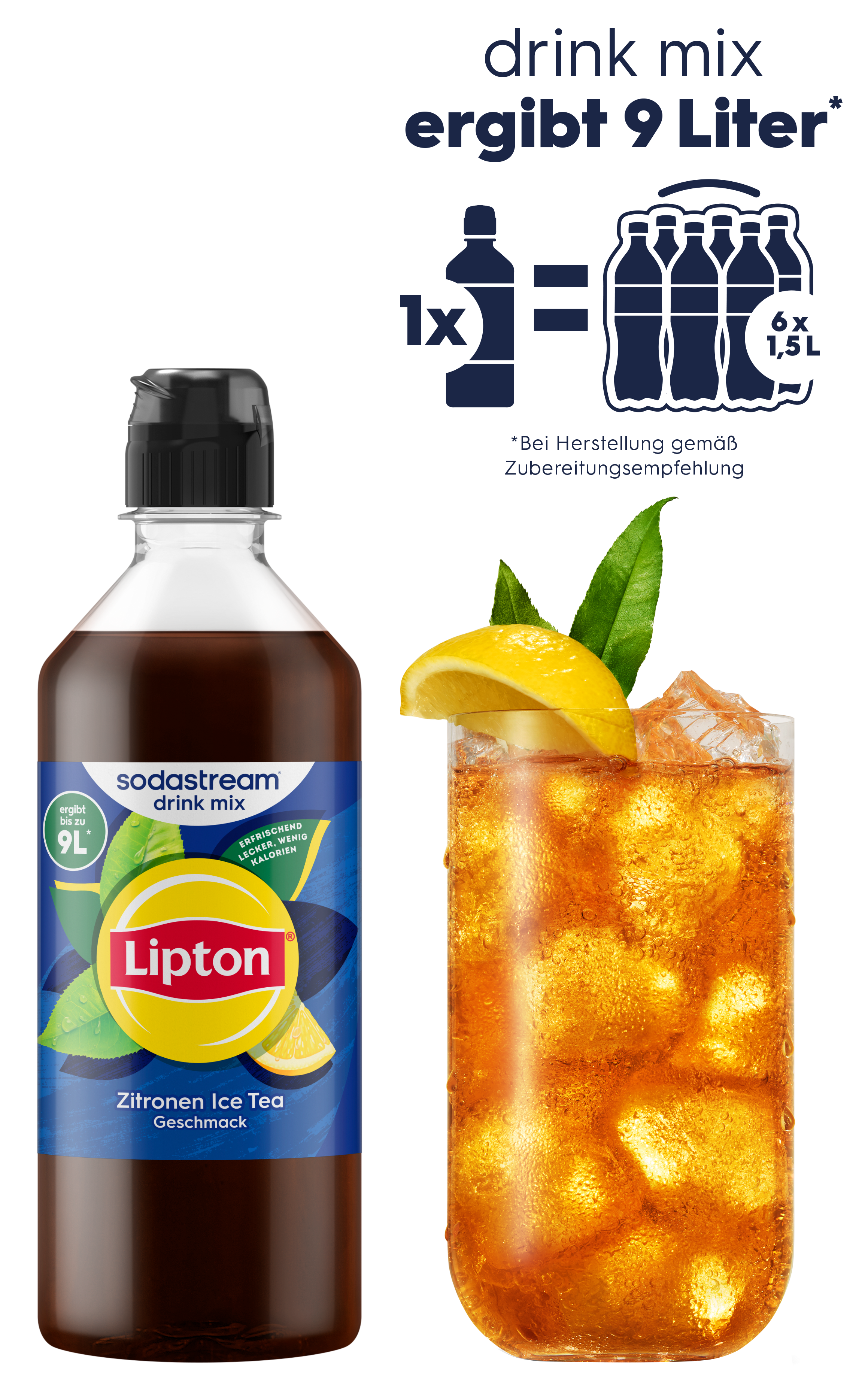 Eine Flasche Sodastream Lipton Zitronen Eistee neben einem Glas Eistee mit Zitrone.