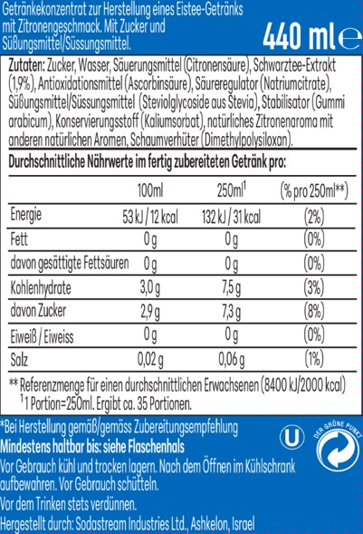 Nährwertangaben für ein Getränkekonzentrat mit Zitrone, 440 ml.
