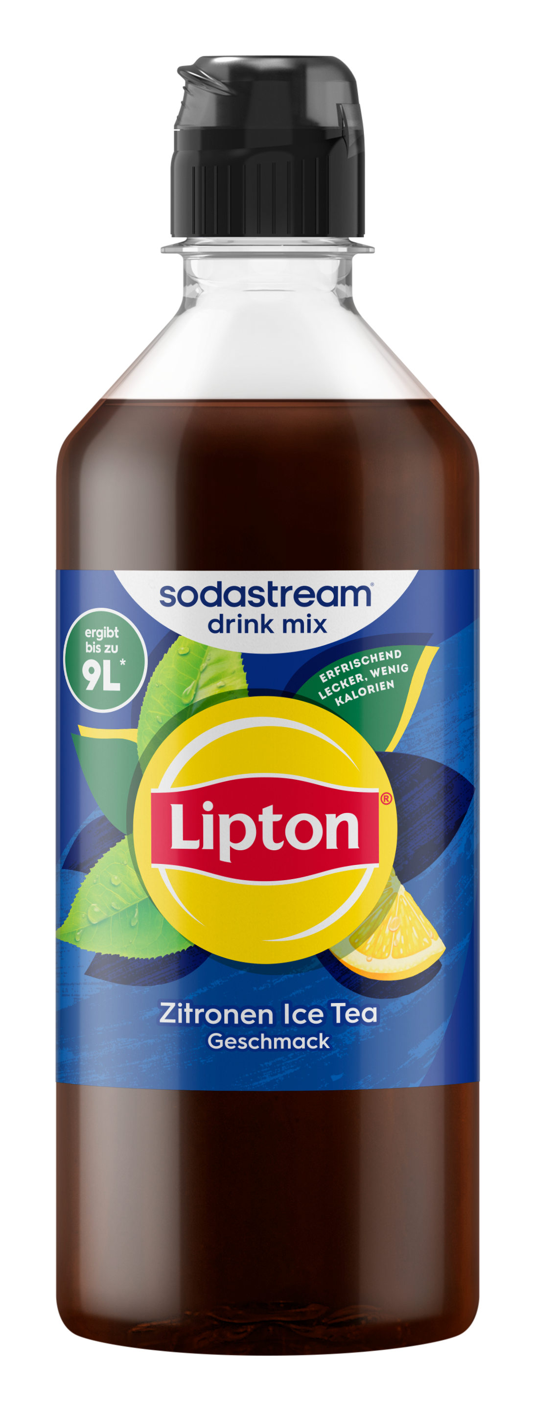 Eine Flasche Sodastream Lipton Zitronen Ice Tea Drink Mix mit schwarzem Deckel.