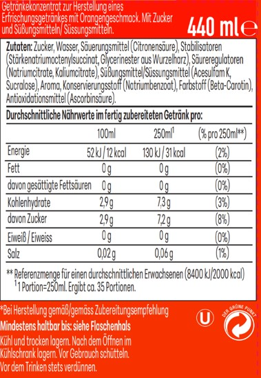 Nährwerttabelle für ein Getränkekonzentrat mit Orangengeschmack, 440 ml.
