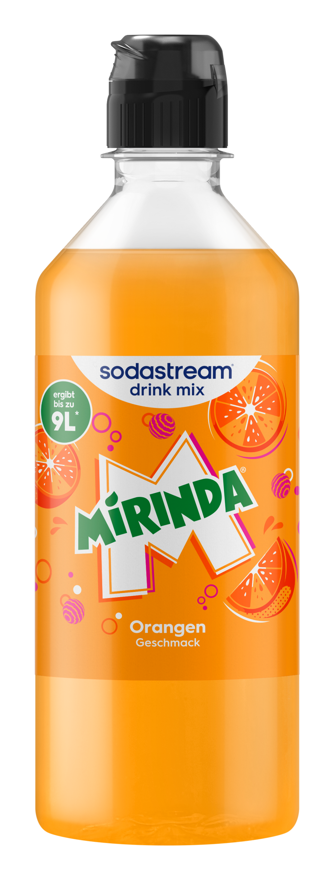 Eine orangefarbene Flasche mit Sodastream Mirinda Orangen Geschmack Drink Mix.