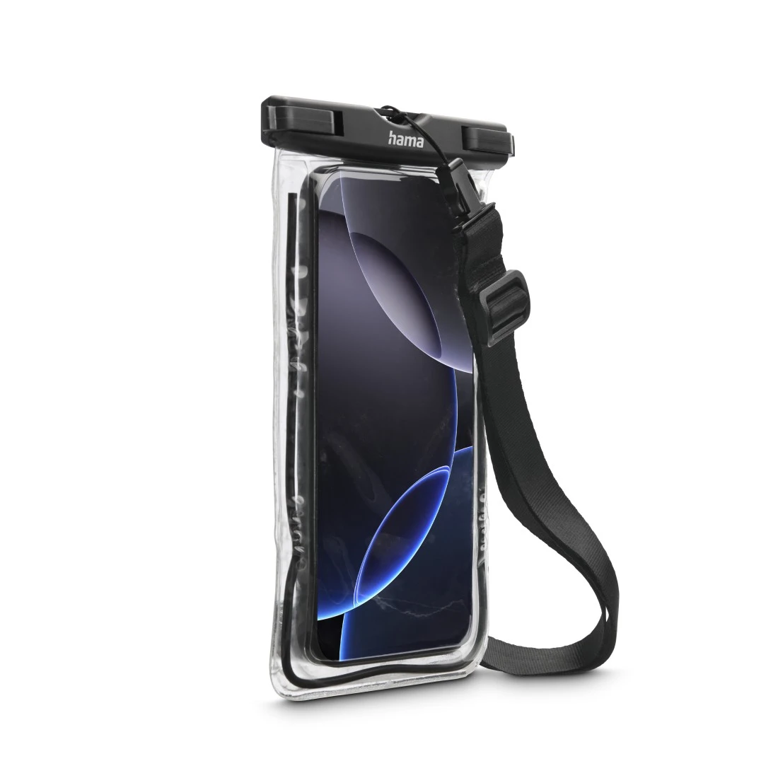 Transparente Handytasche mit schwarzem Gurt und Smartphone-Display.