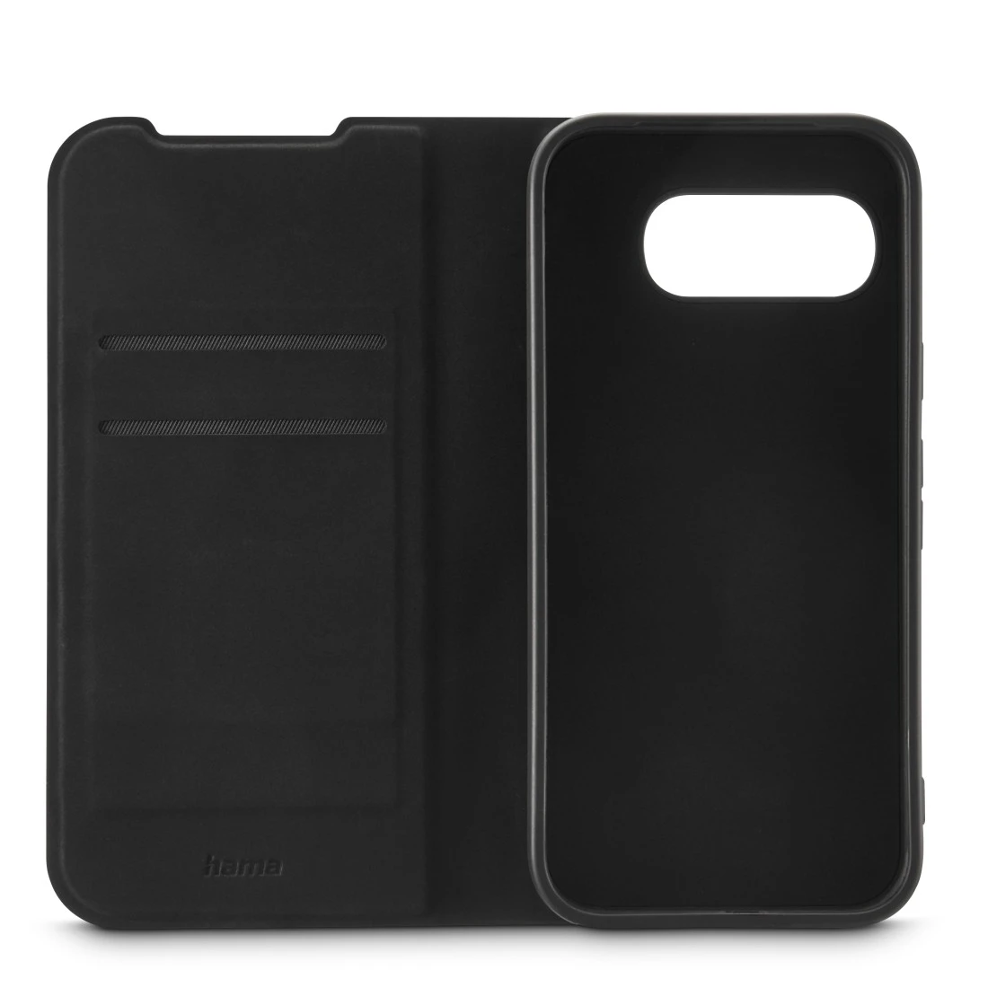 Schwarze Handyhülle mit Klappdeckel und Kartenschlitzen.