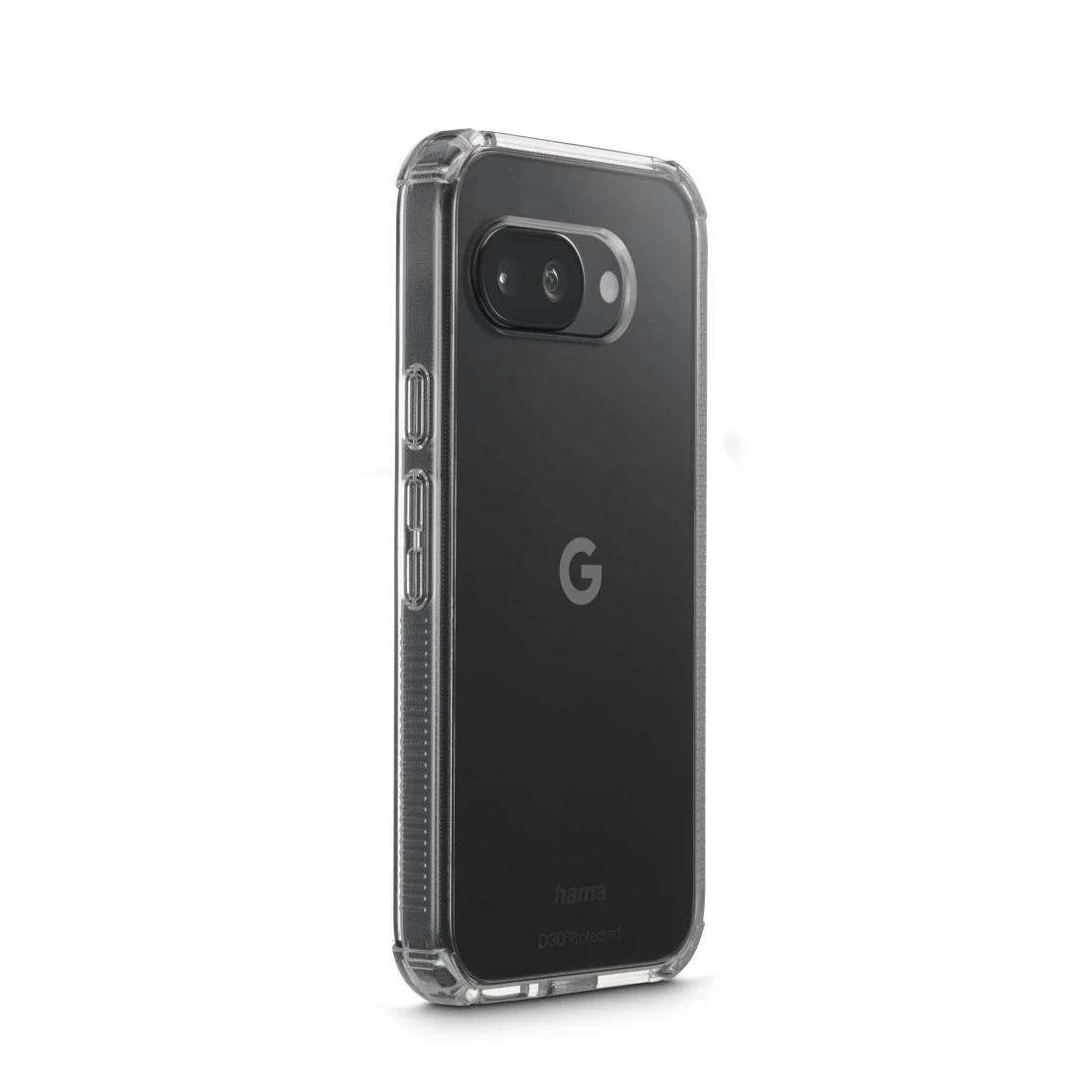 Transparente Handyhülle auf einem Google Pixel Handy mit Kamera und G-Logo.