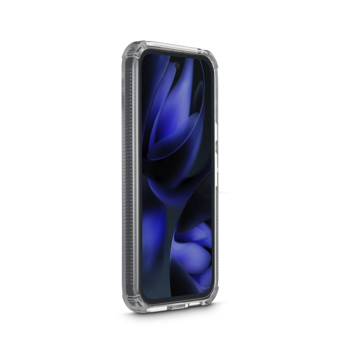 Ein transparentes Smartphone-Schutzgehäuse mit einem dunklen, abstrakten Hintergrund.