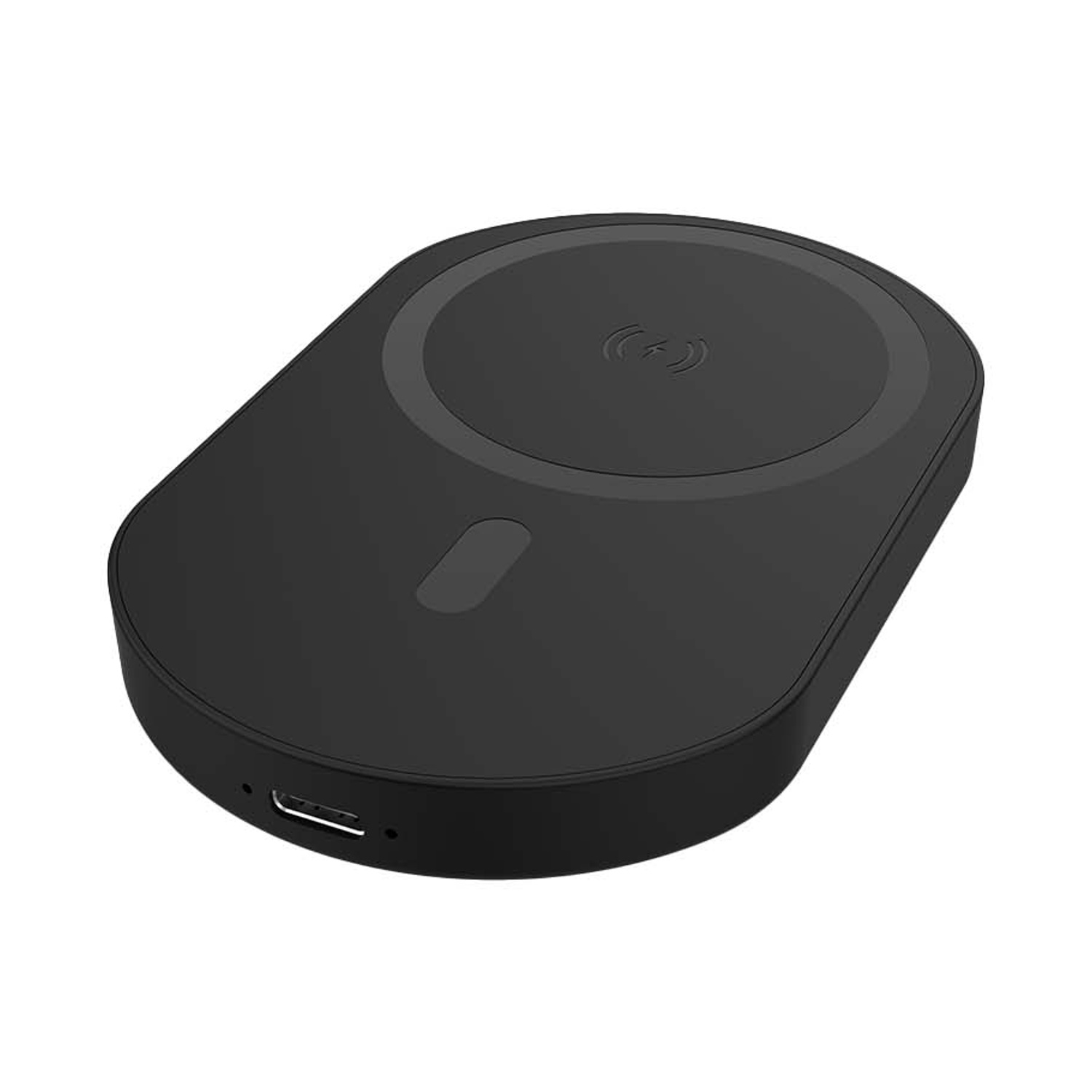 Caricabatterie wireless nero con porta USB-C e simbolo di carica.