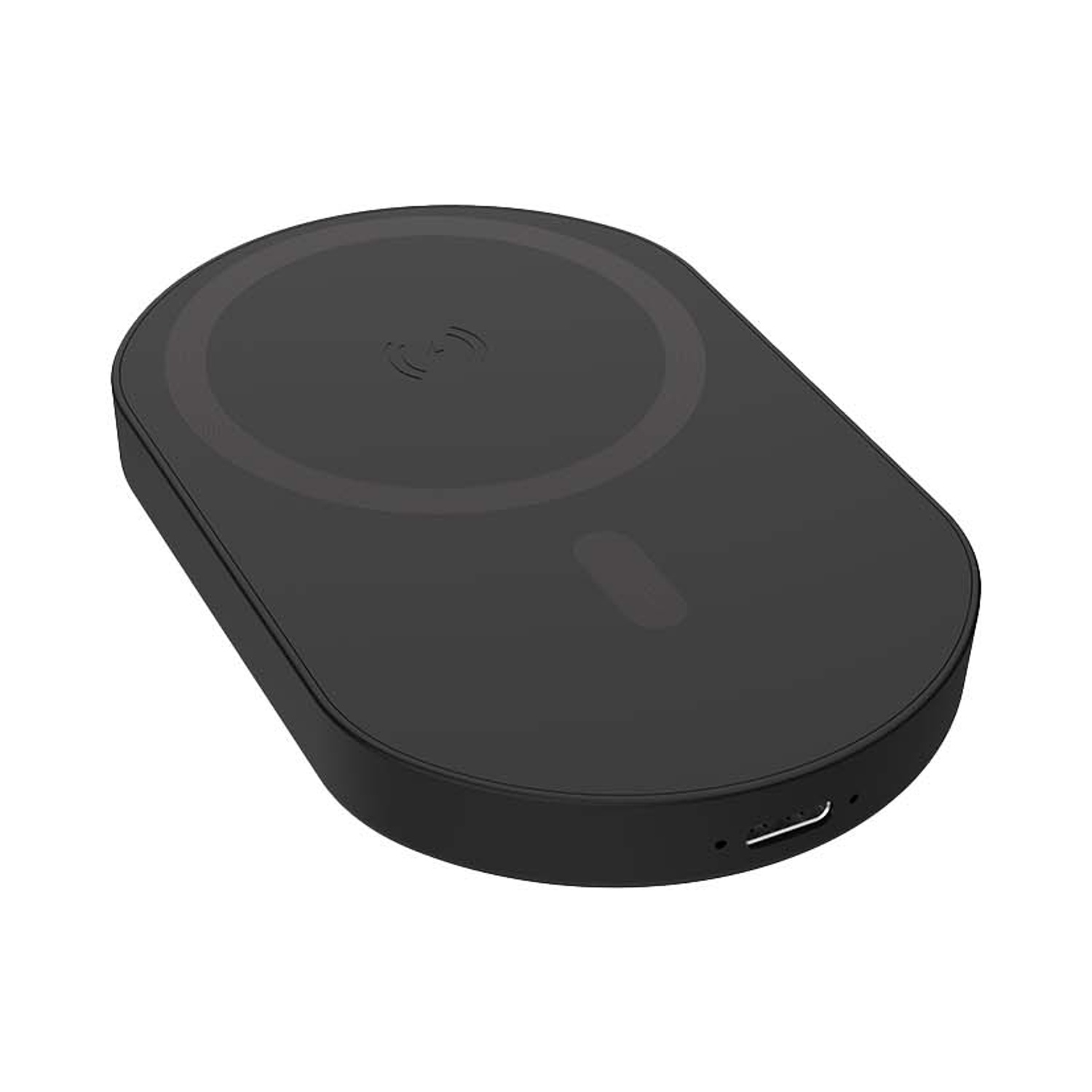 Caricabatterie wireless nero con porta USB-C e indicatore di carica.