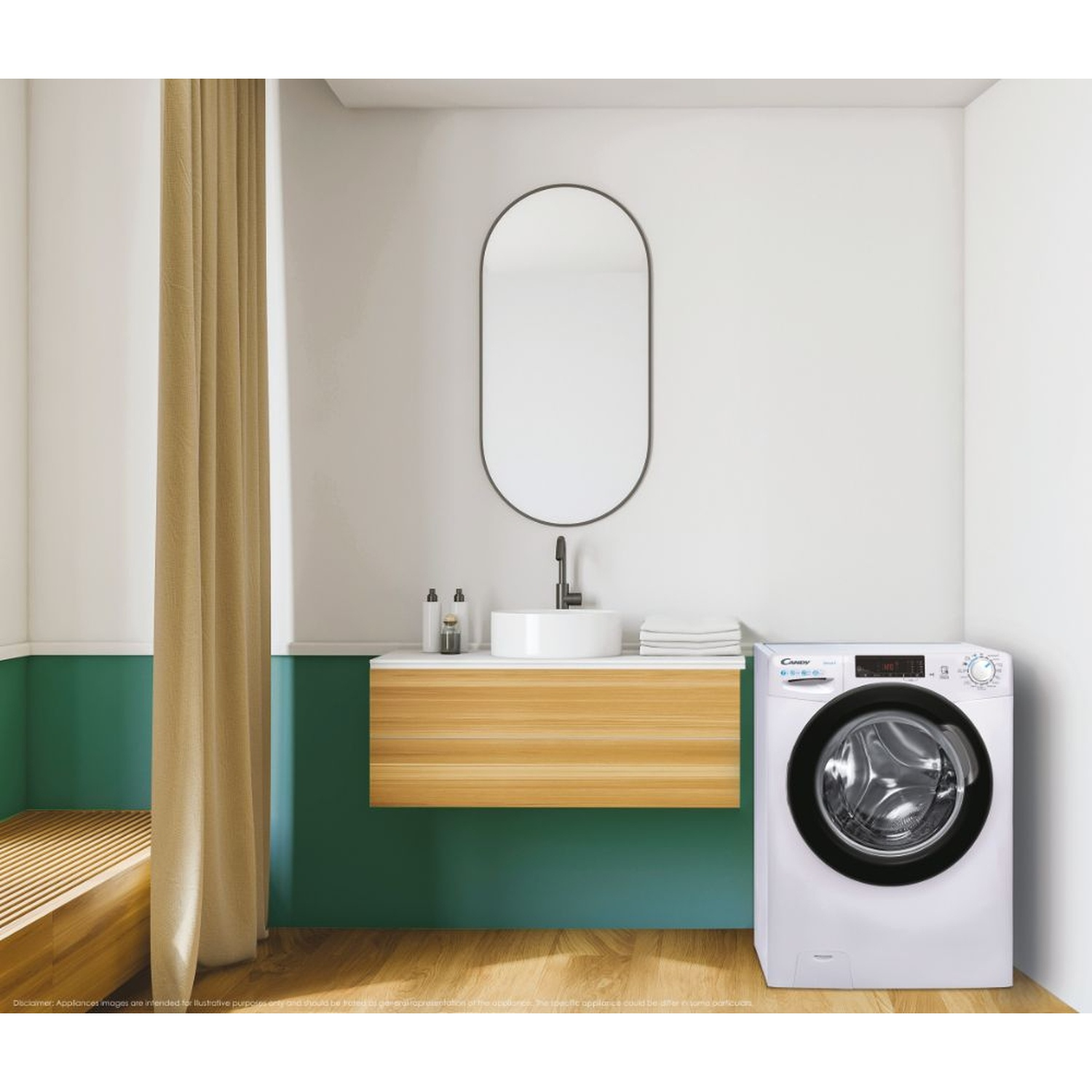 Un bagno moderno con lavatrice, lavandino e specchio.