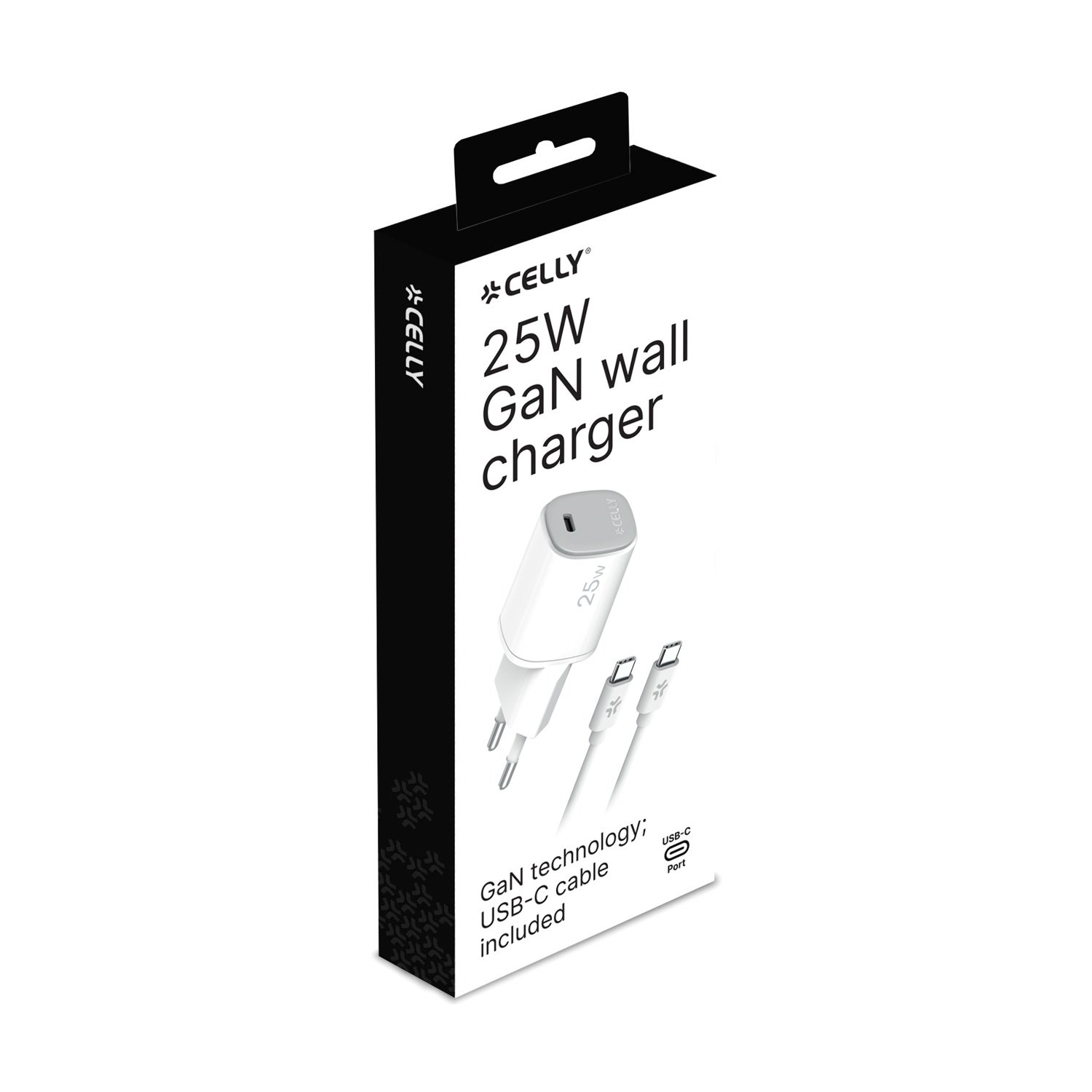 Confezione di un caricabatterie da muro GaN da 25W con cavo USB-C.