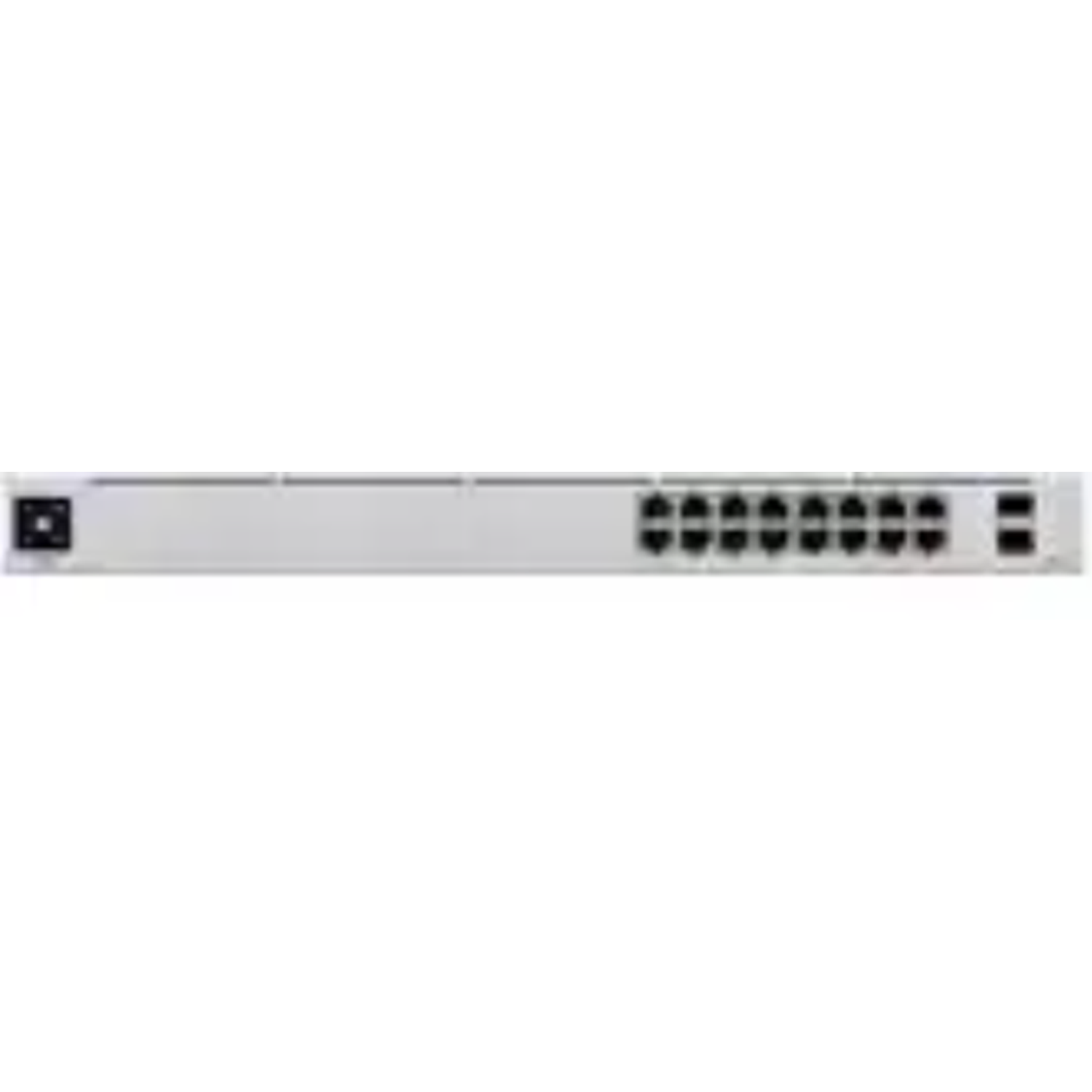 A gray network switch with 16 ports and a power connection.