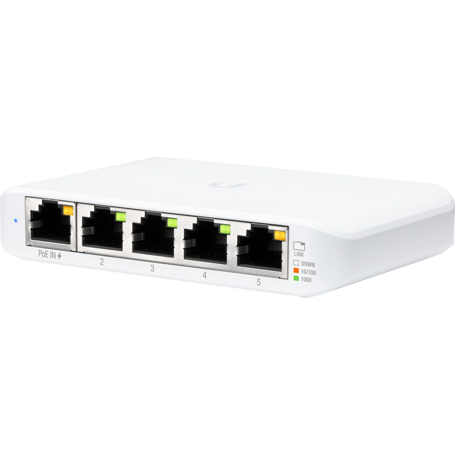 Witte netwerkswitch met vijf poorten en LED-indicatoren.