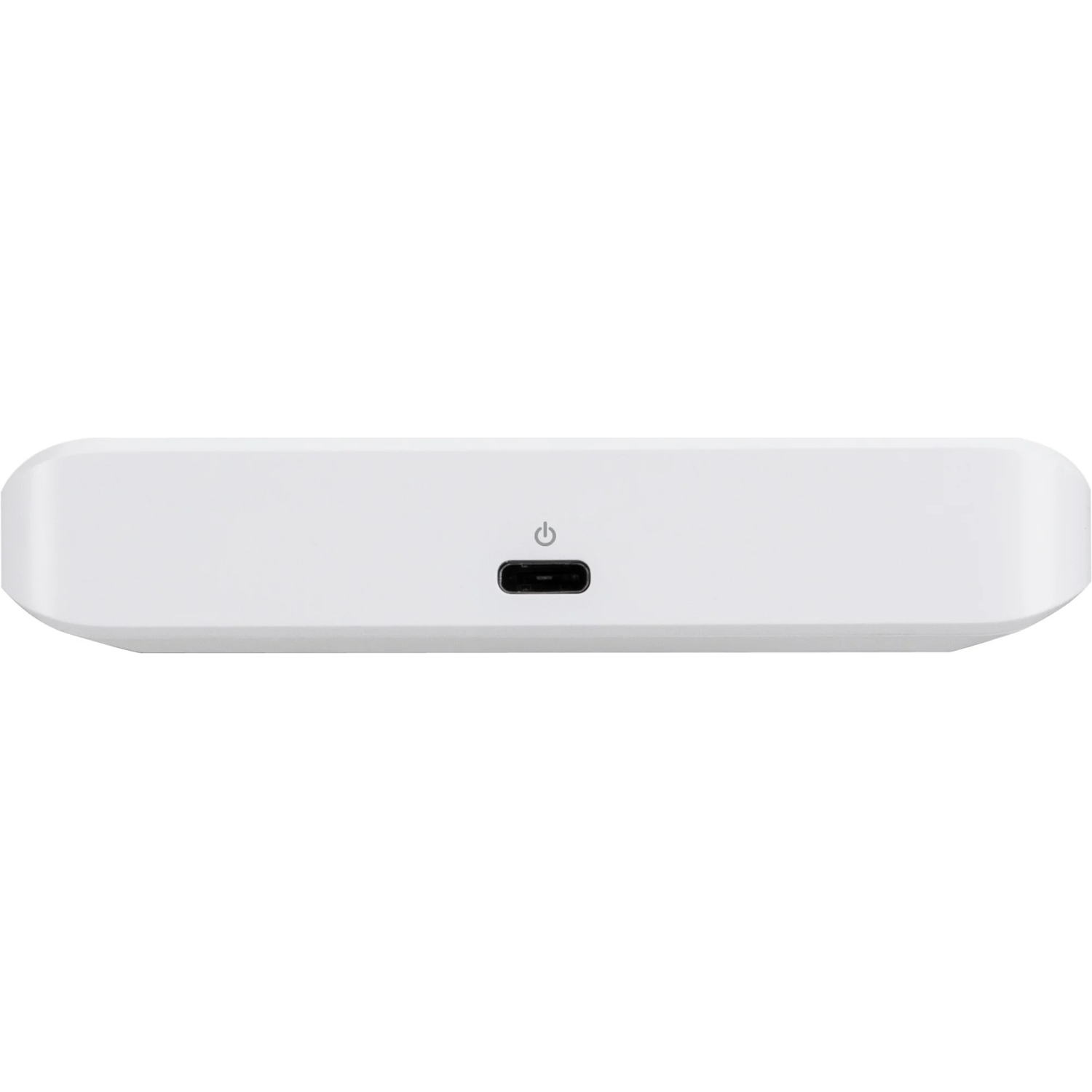 Een wit rechthoekig apparaat met een USB-C poort en een aan/uit-symbool.