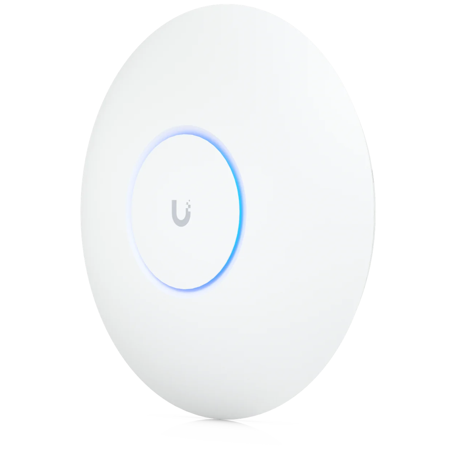 A white, round Wi-Fi access point with a blue illuminated ring and logo.