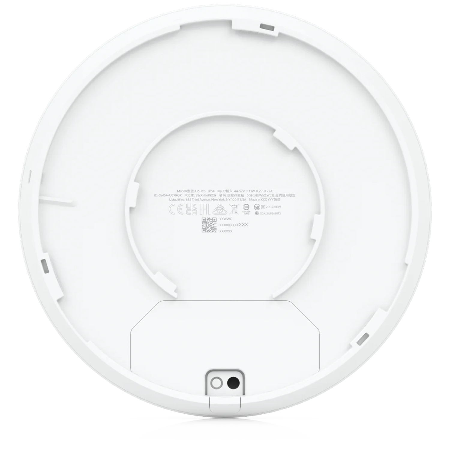 Underside of a white Ubiquiti U6-Pro access point showing model details and ports.