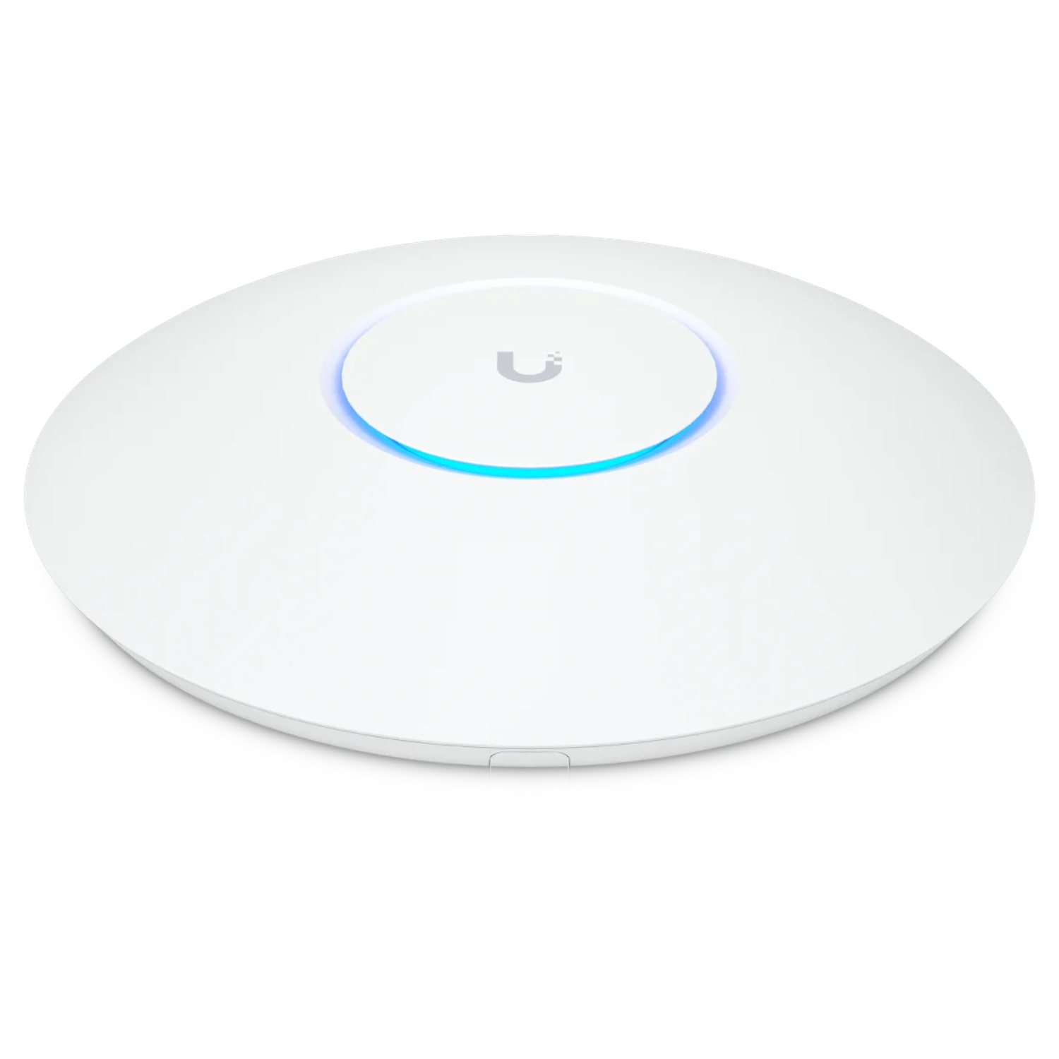 A white Wi-Fi access point with a blue light ring and logo.