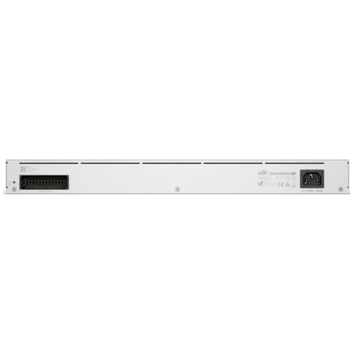Rear view of a white device with ports and labels.