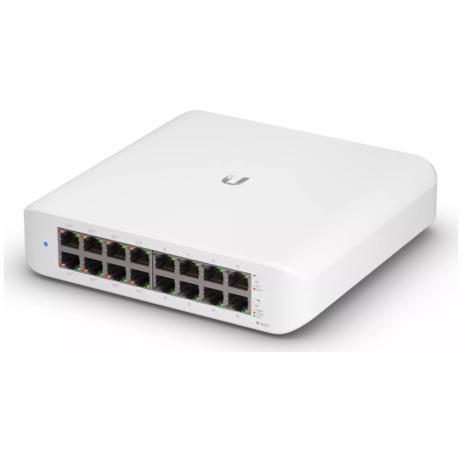 White network switch with 16 Ethernet ports. A blue light is on the left.