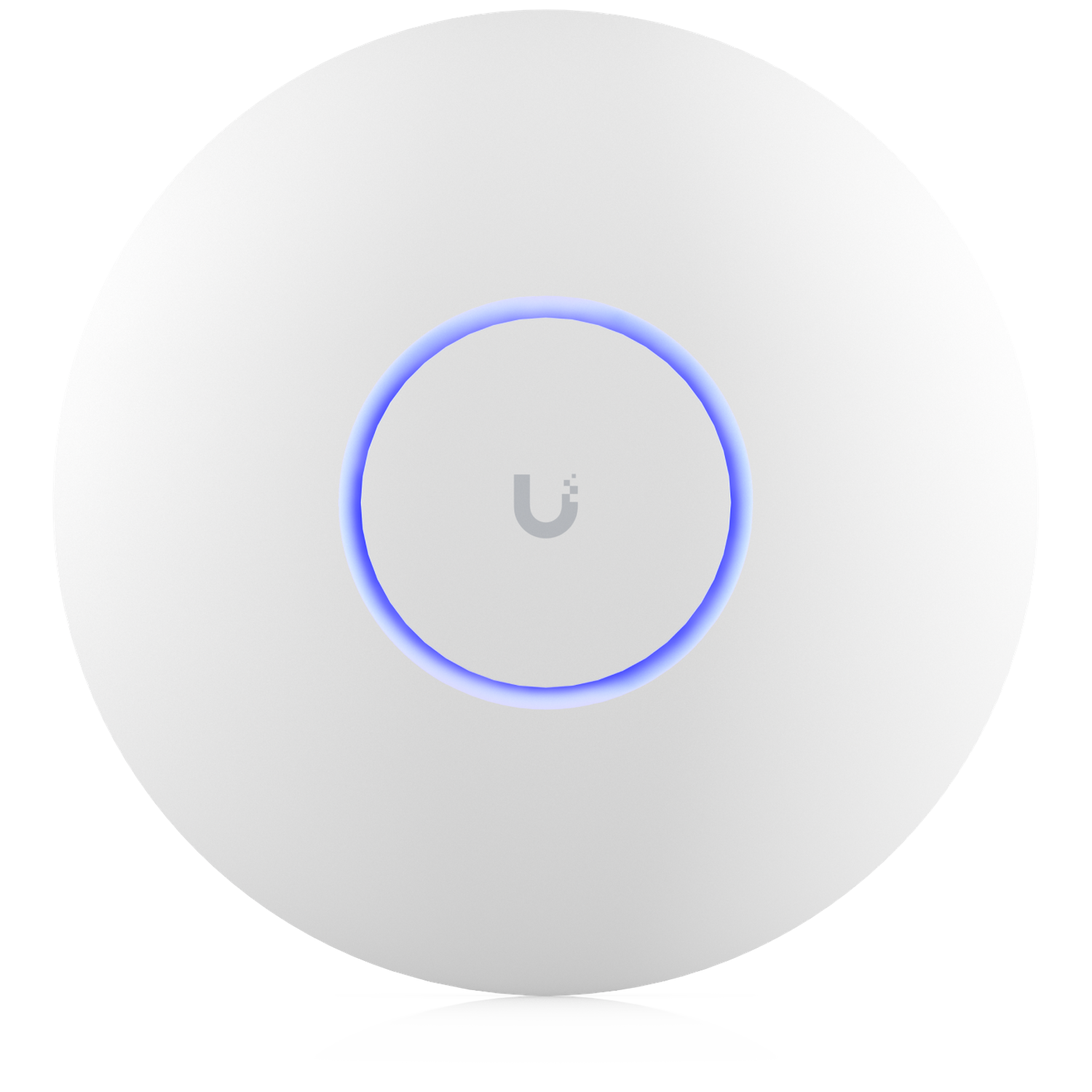 Een witte, ronde Wi-Fi access point met een blauw gloeiende ring en logo.