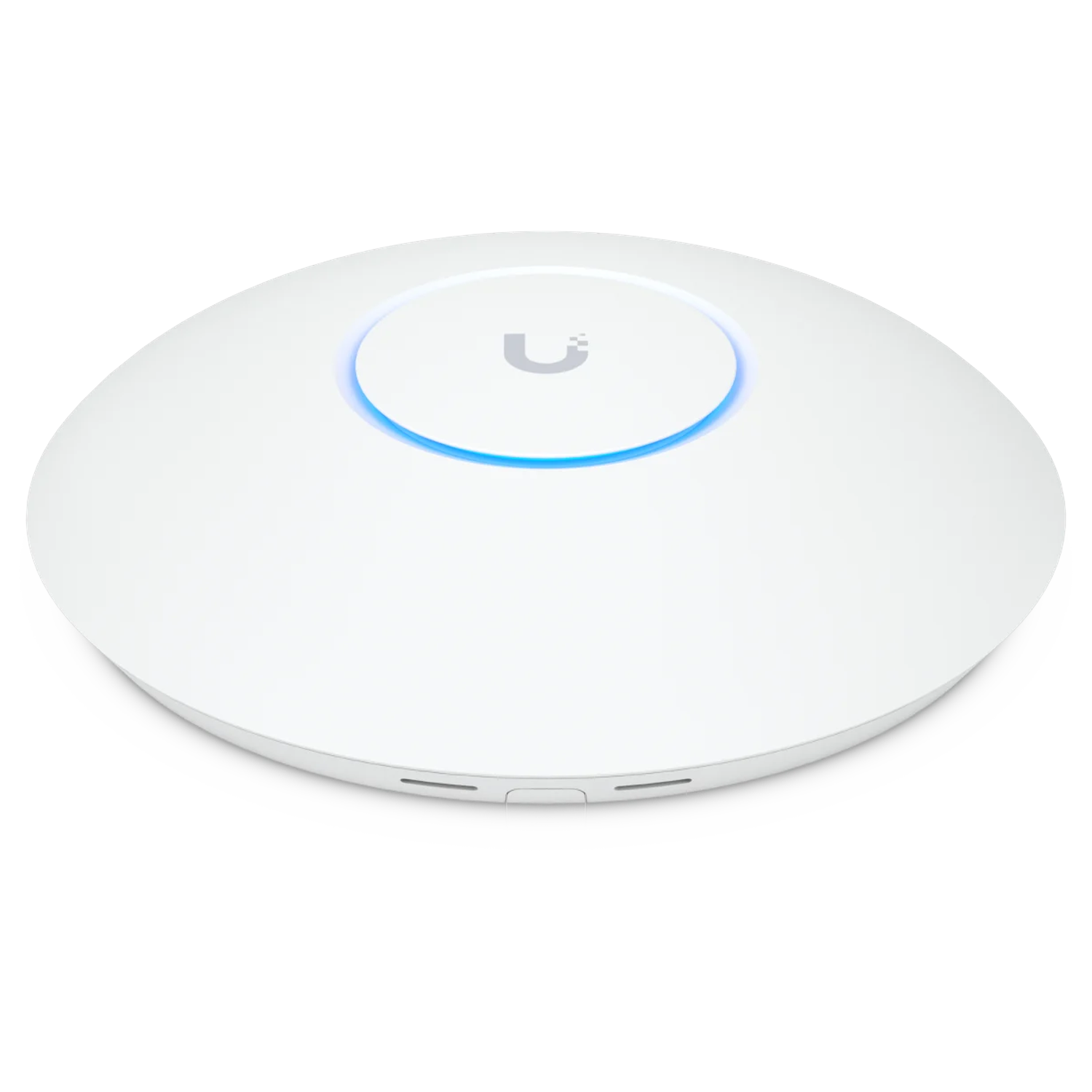 Een wit WiFi-toegangspunt met blauwe ringverlichting en logo.