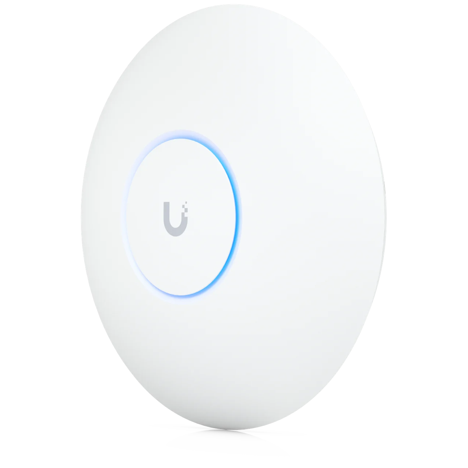 Een witte, ronde Wi-Fi access point met een blauwe lichtring en logo.