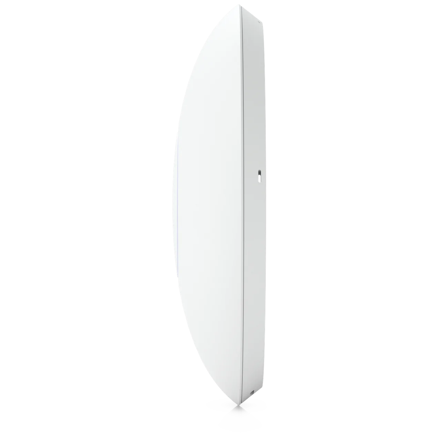 Een wit, rond apparaat met een gleuf aan de zijkant, geïsoleerd op witte achtergrond.