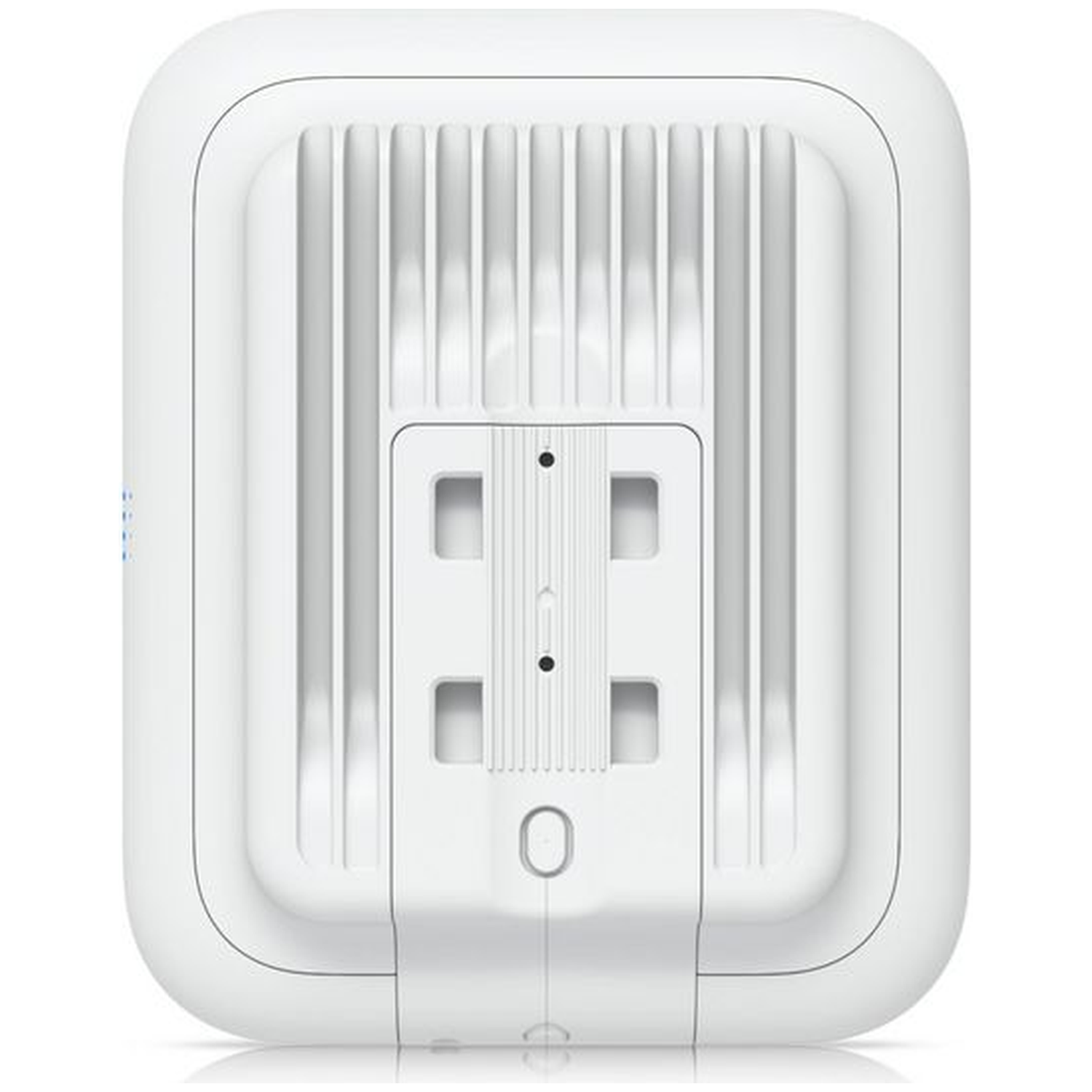 Back of a white rectangular device with ventilation slots and a mounting bracket.