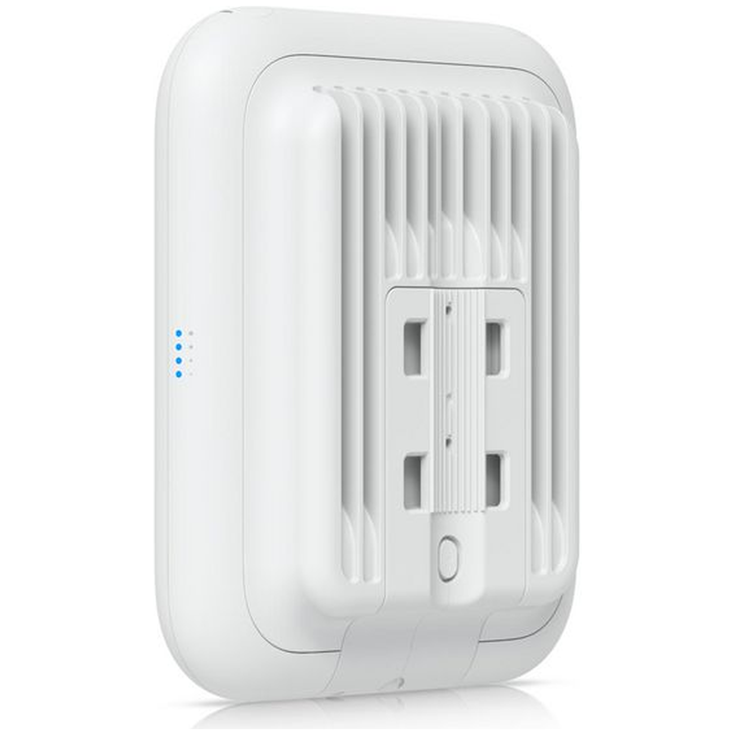 A white device with ventilation slots and four blue indicator lights.