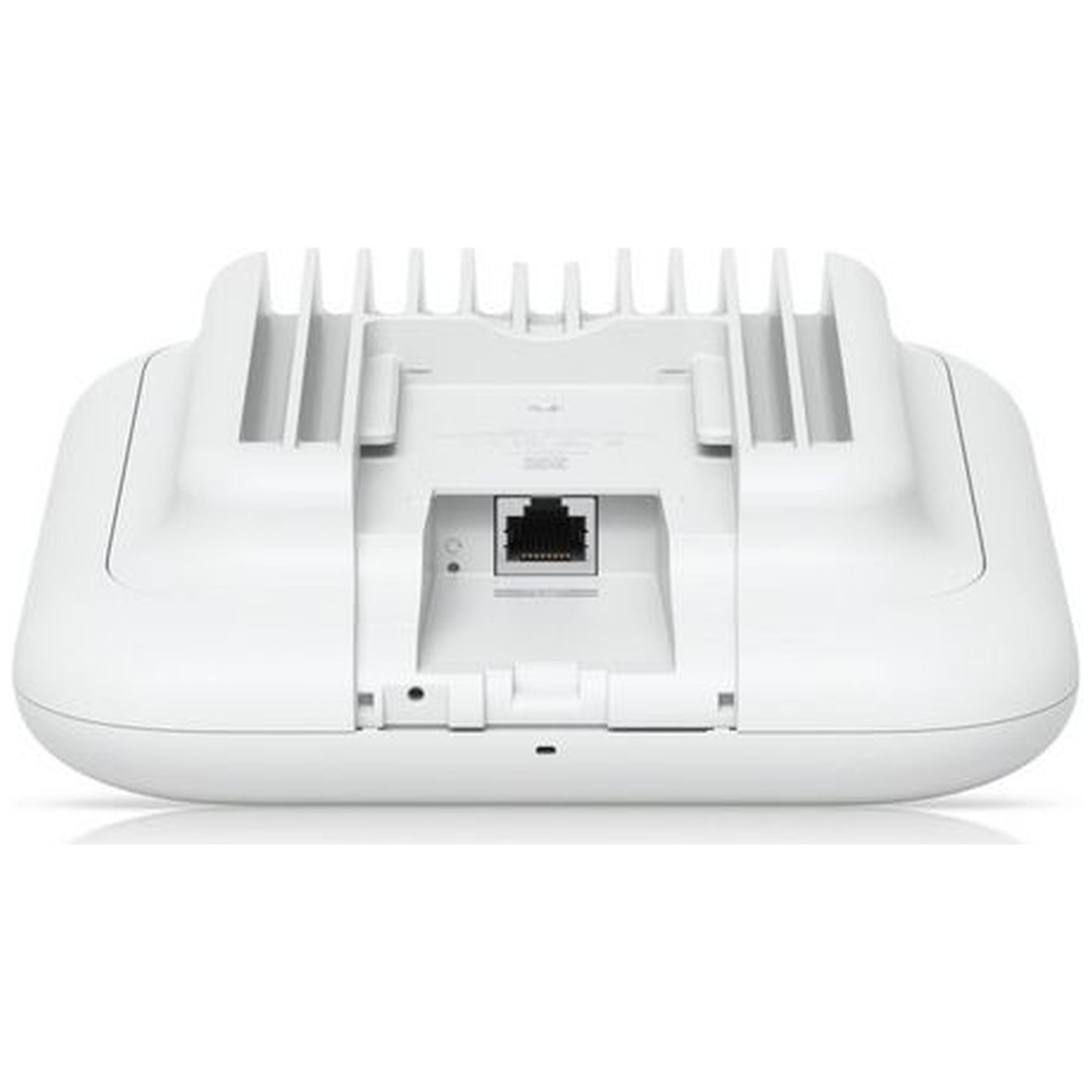 White wireless access point seen from the back, showing ports and mounting bracket.