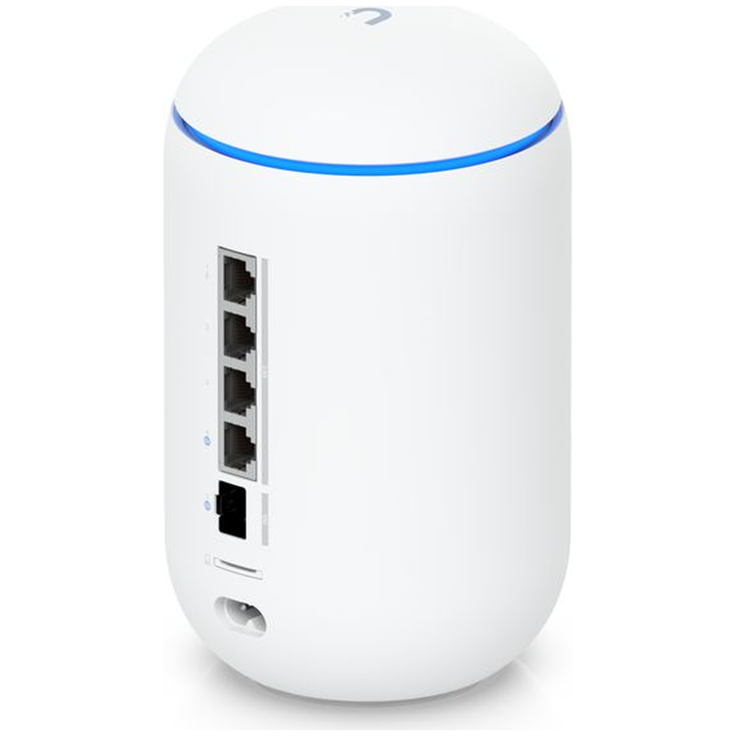 Een witte router met een blauwe LED-strip en Ethernetpoorten.