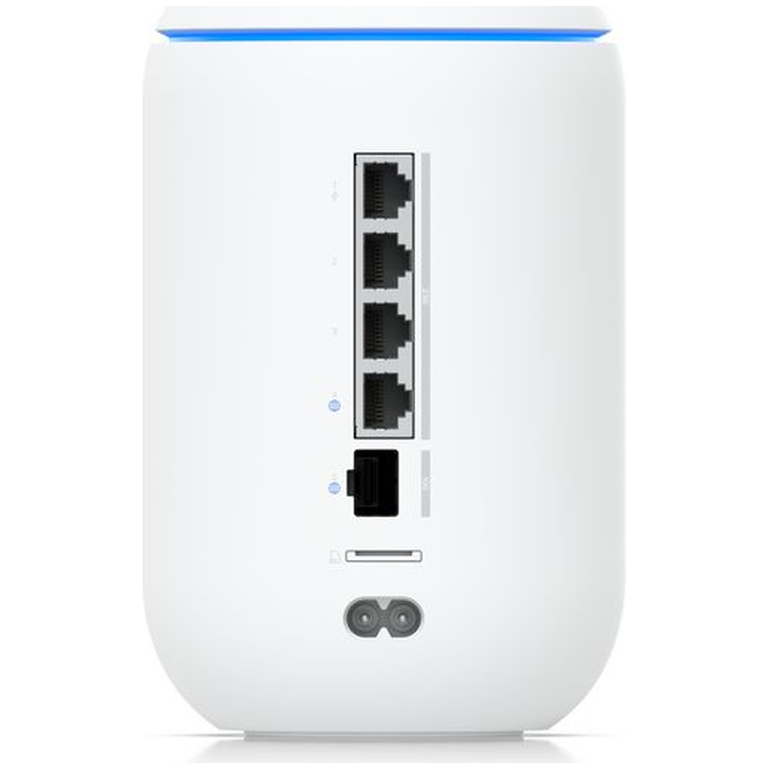Witte router met blauw licht aan de bovenkant. Vier Ethernet-poorten, USB, SD-kaartsleuf en stroomingang.