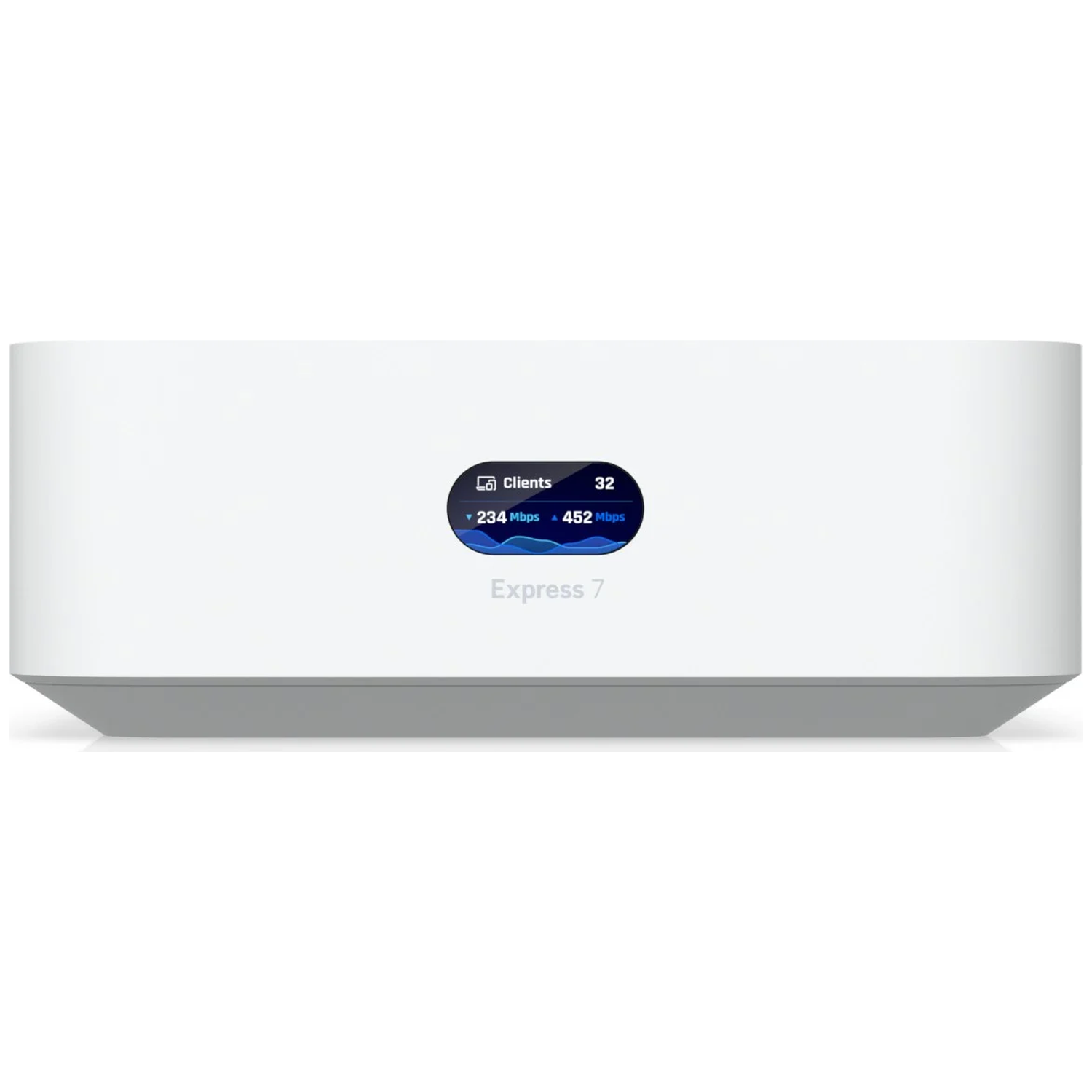 A white router with a small screen displaying 32 clients and speeds.