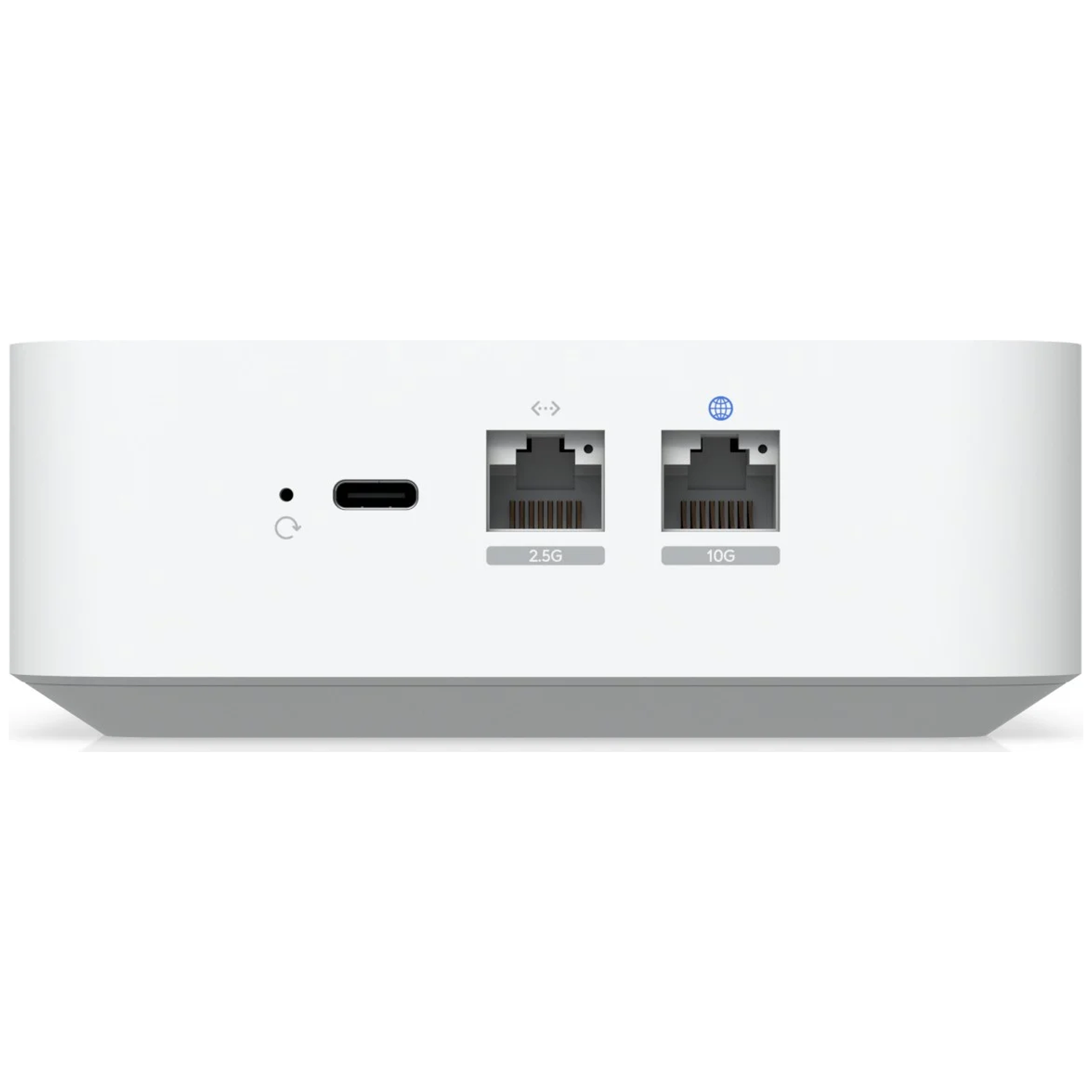 A white device featuring USB-C, 2.5G, and 10G Ethernet ports.
