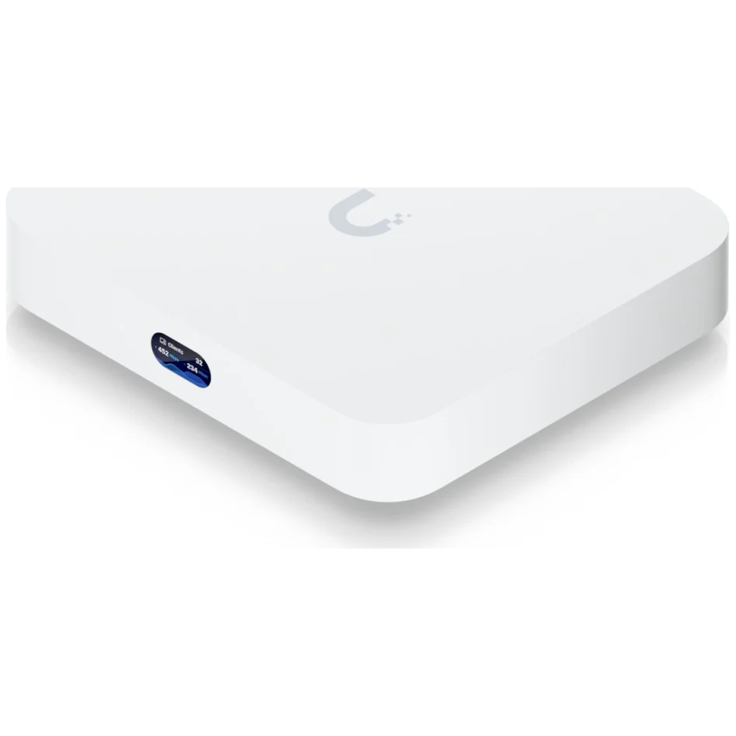White device with a blue screen displaying data.