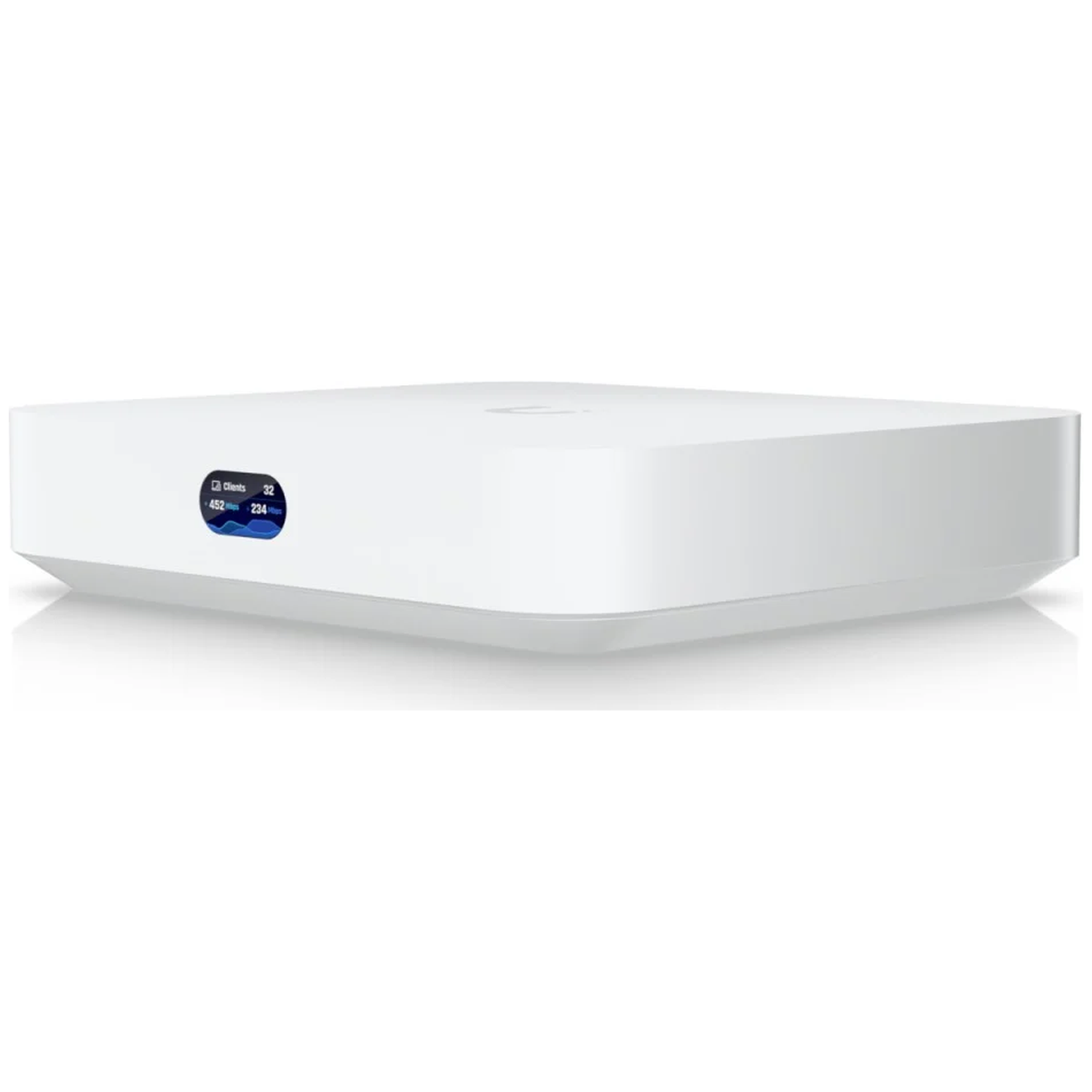A white network device with a small blue screen displaying client