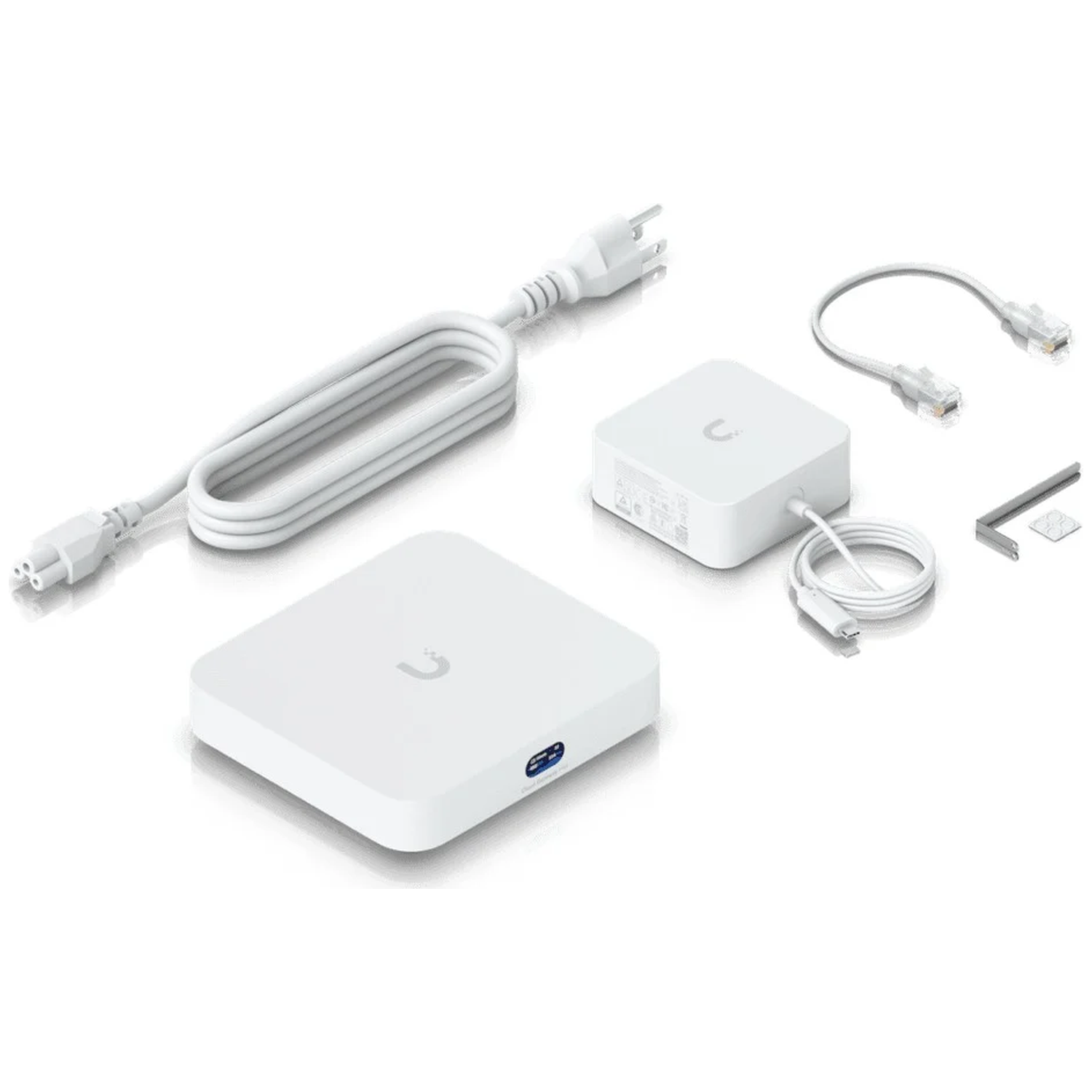 White electronic devices: a power adapter, a router, cables, and a USB-C cable.