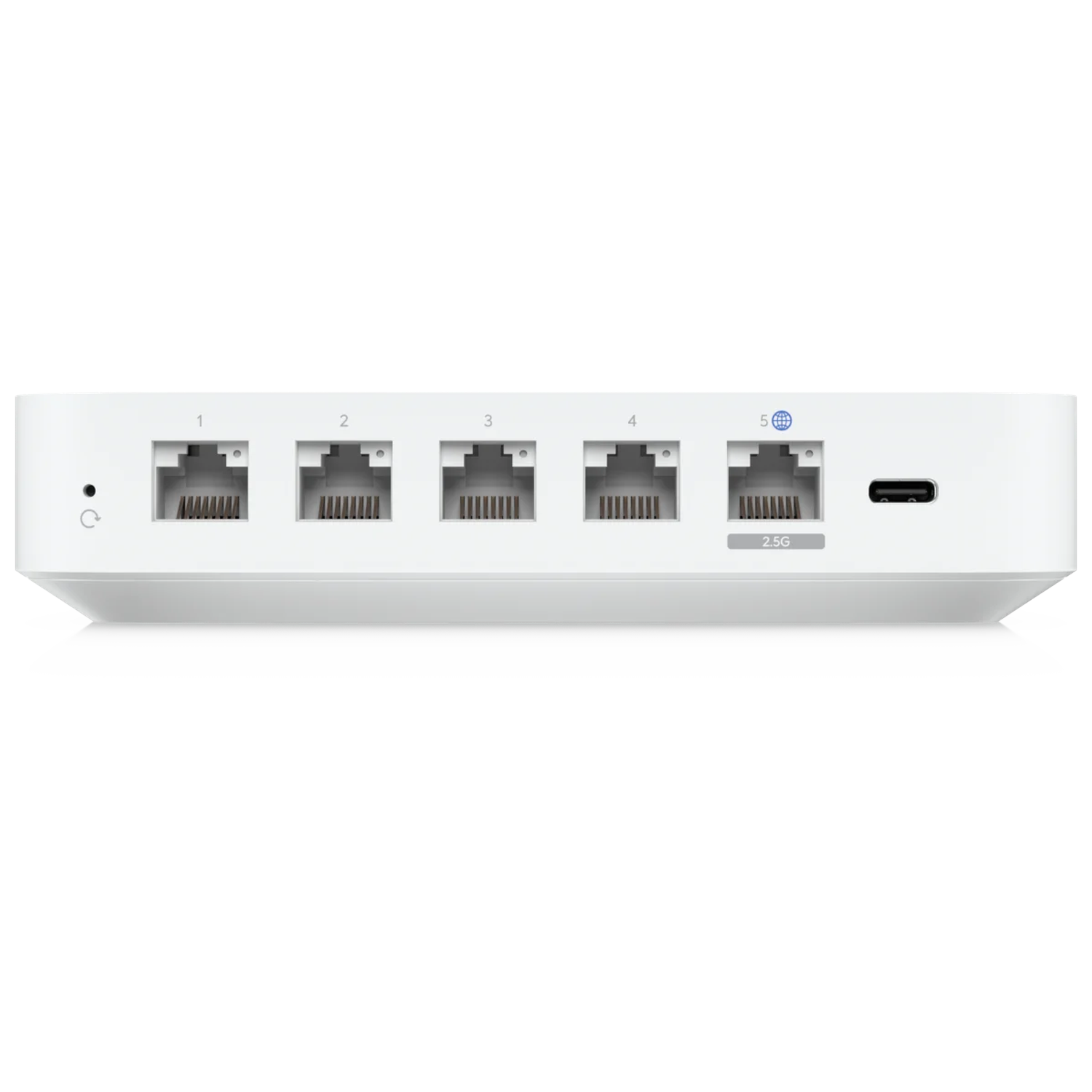 A white network switch featuring 5 ports and a USB-C connector.