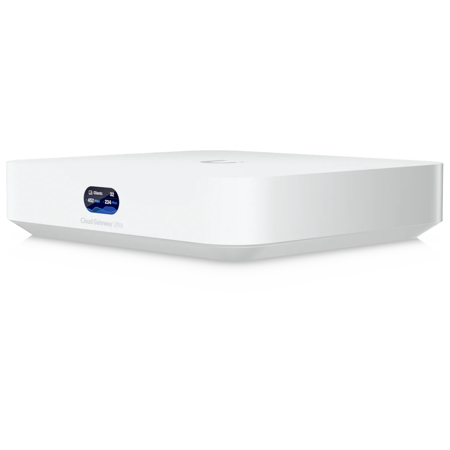 White Cloud Gateway Ultra device on a white background with a small screen showing 32 clients and network speeds.