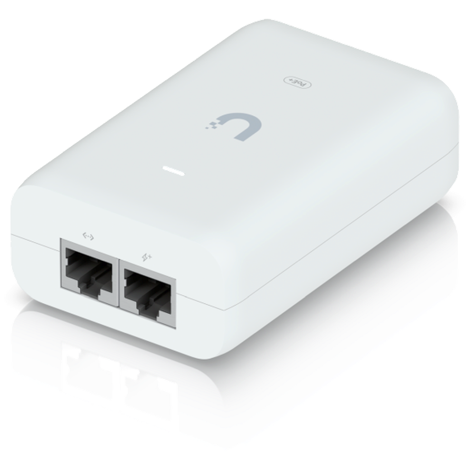 A white PoE injector with two Ethernet ports and a logo.