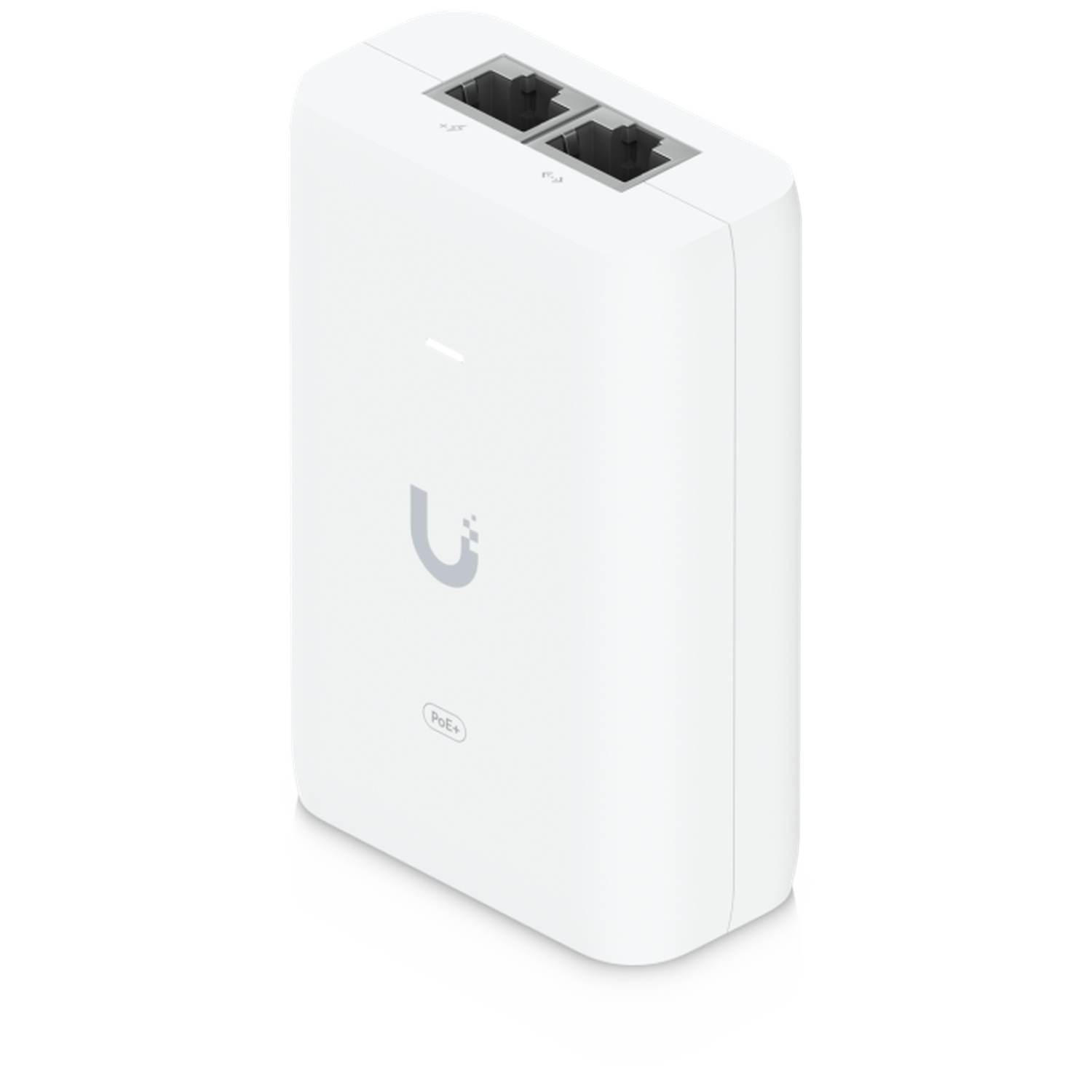 A white PoE+ injector with two Ethernet ports on top.