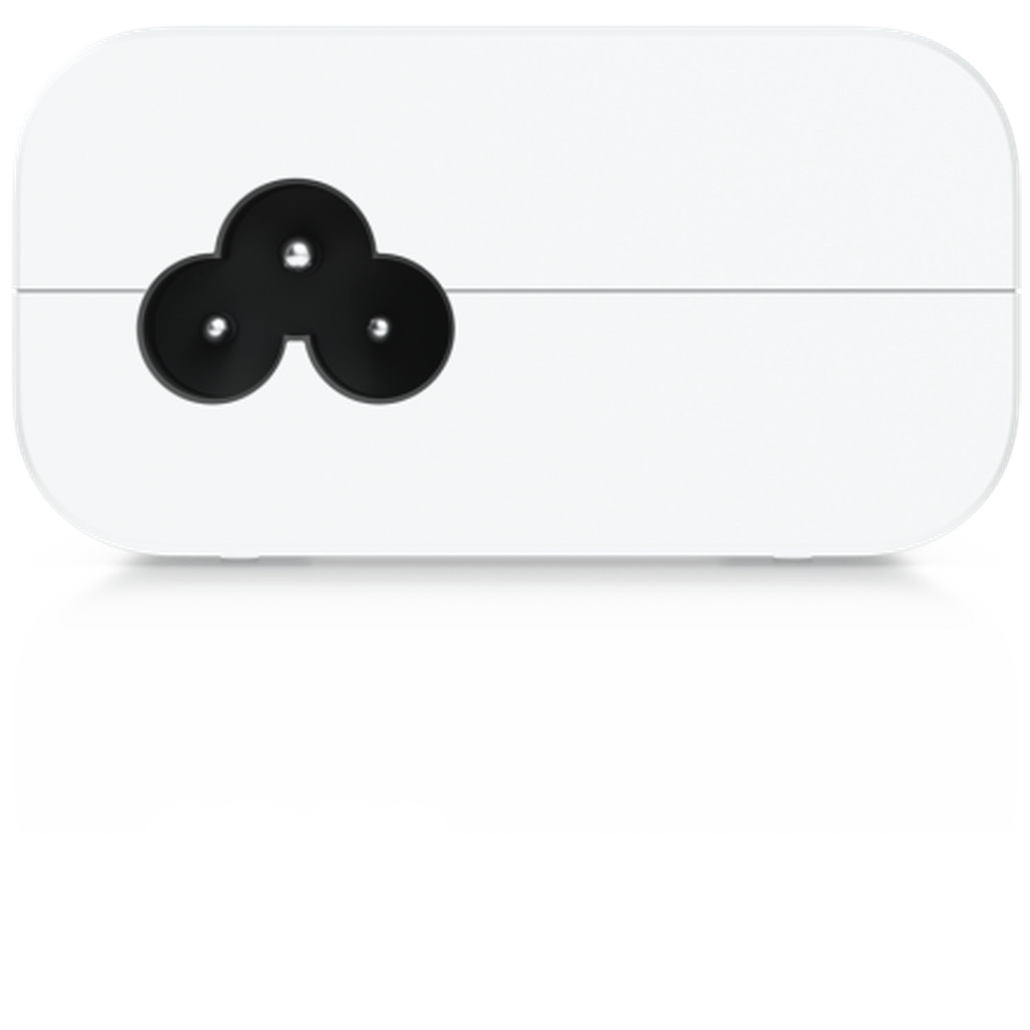 A white power adapter with a black three-pin plug.