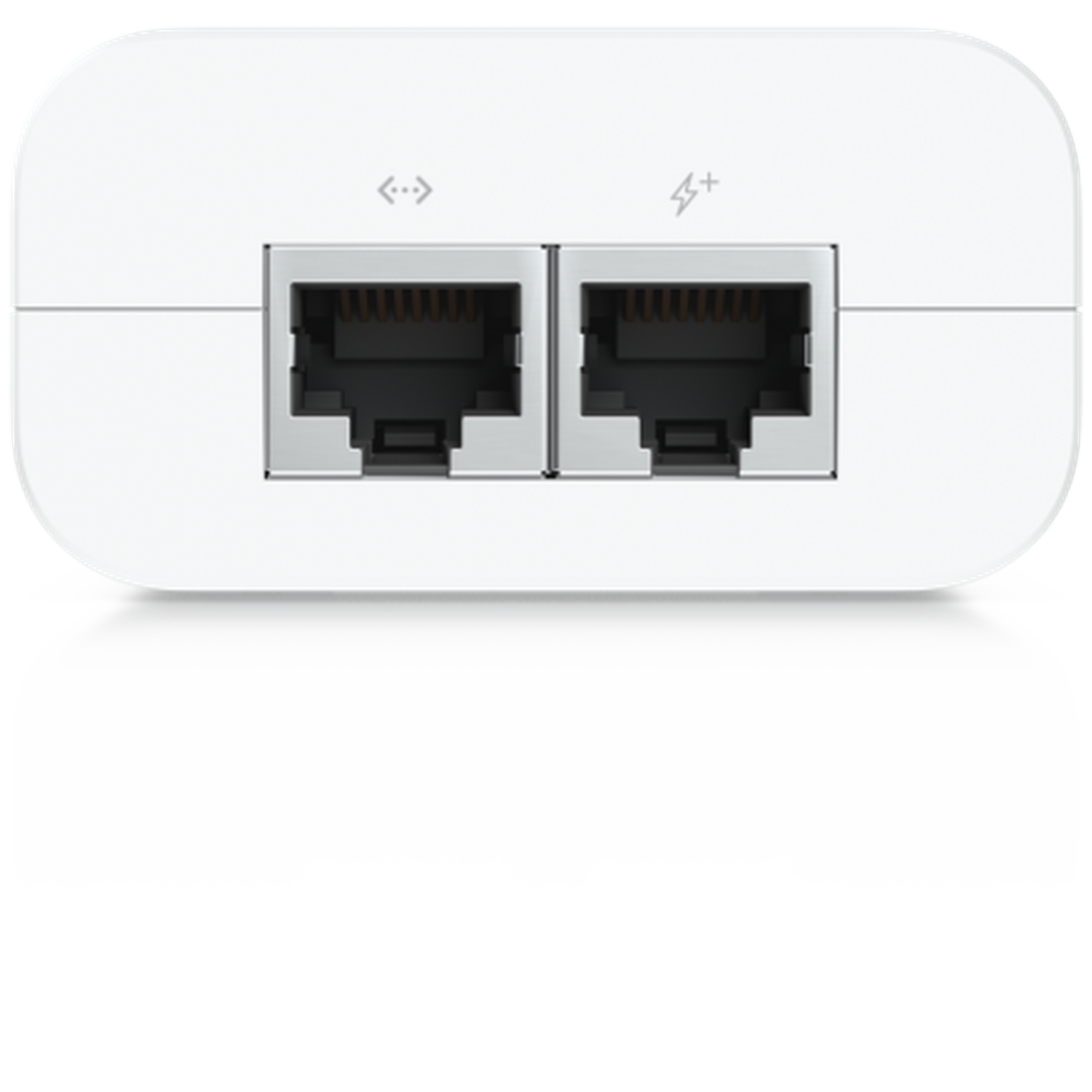 Close up of two Ethernet ports on a white device.