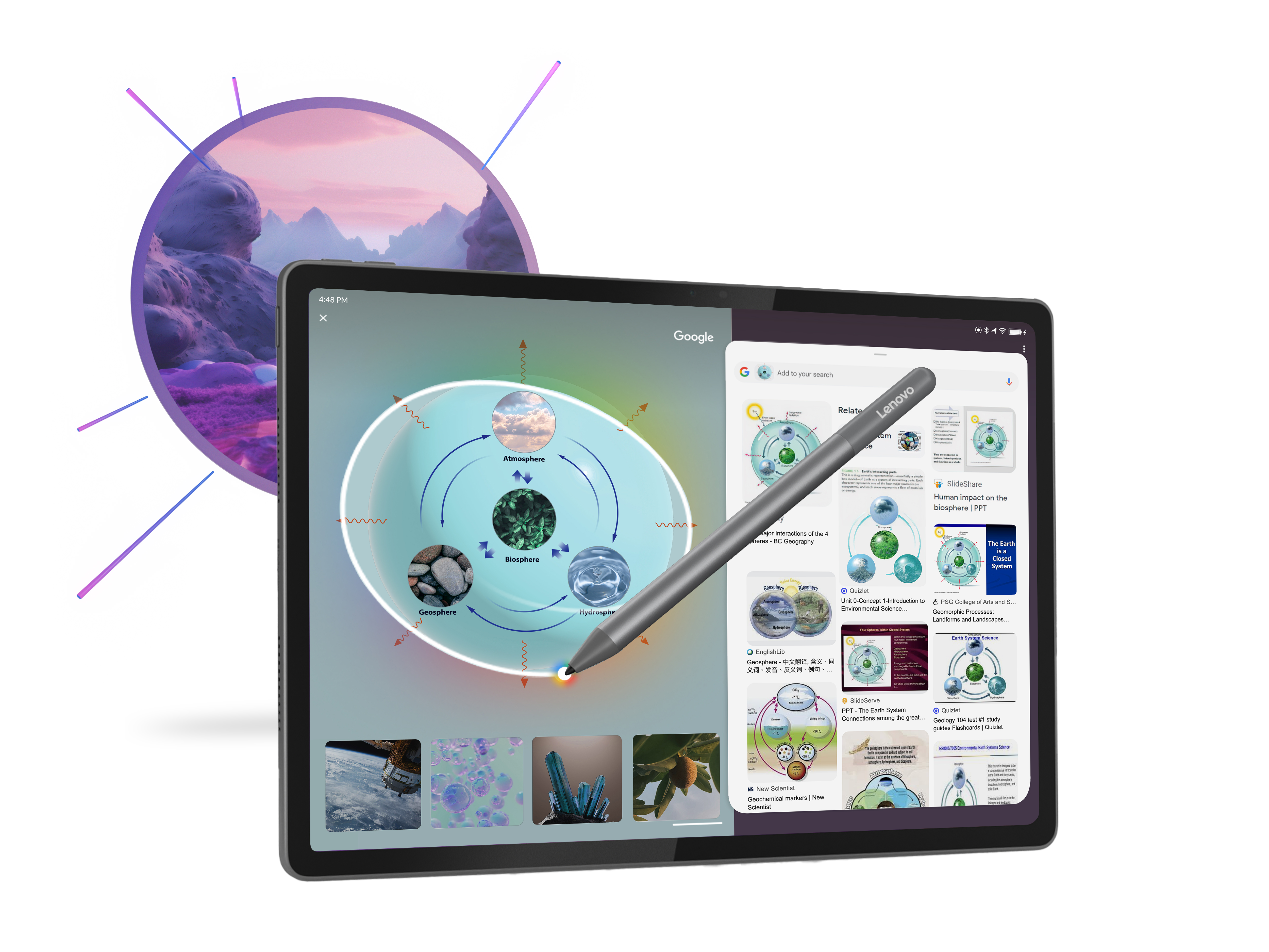Ein Tablet zeigt ein Diagramm der Erde mit Atmosphäre, Biosphäre, Geosphäre und Hydrosphäre.