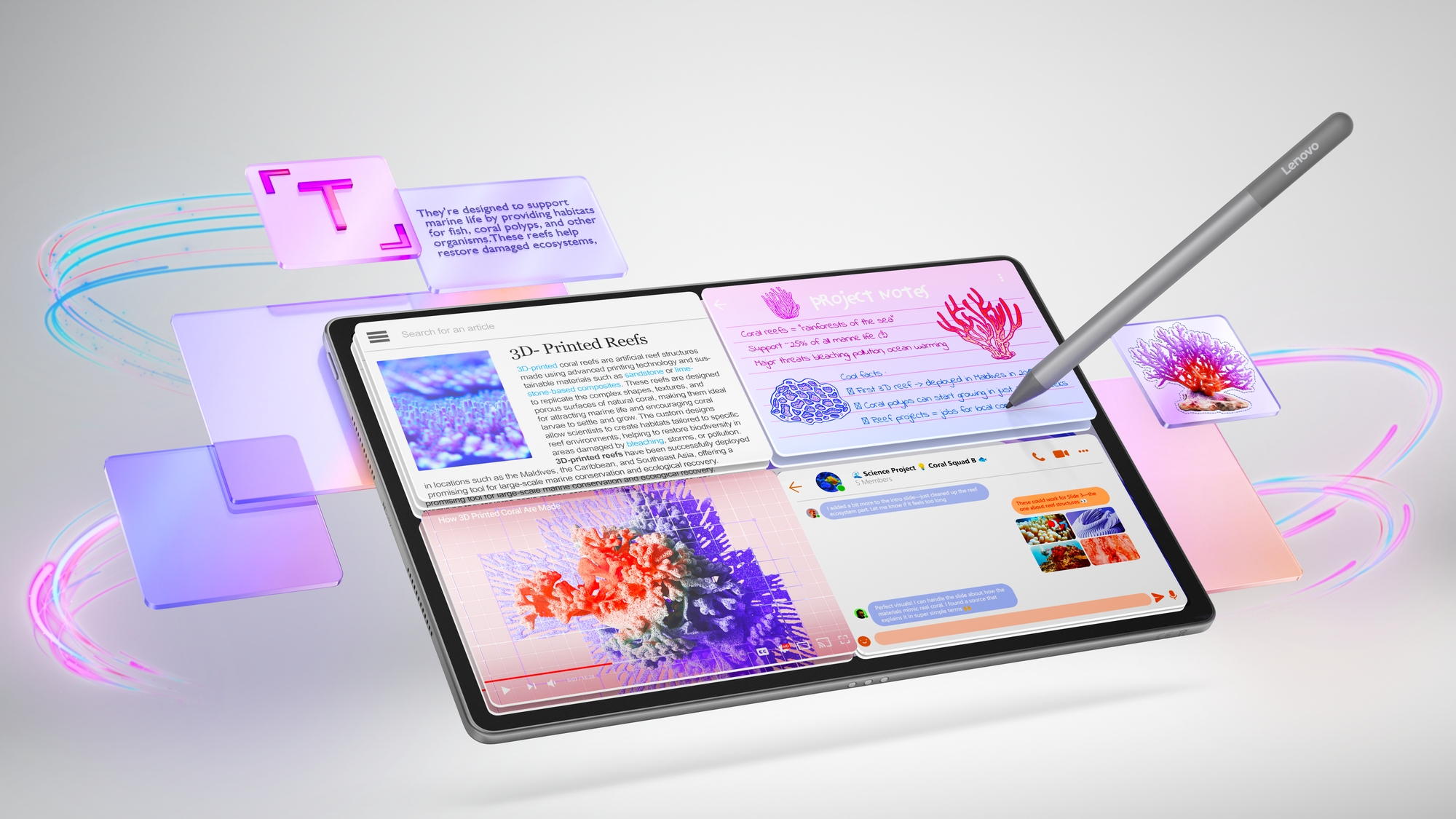 Ein Tablet zeigt eine Website über 3D-gedruckte Korallenriffe und Projektnotizen.