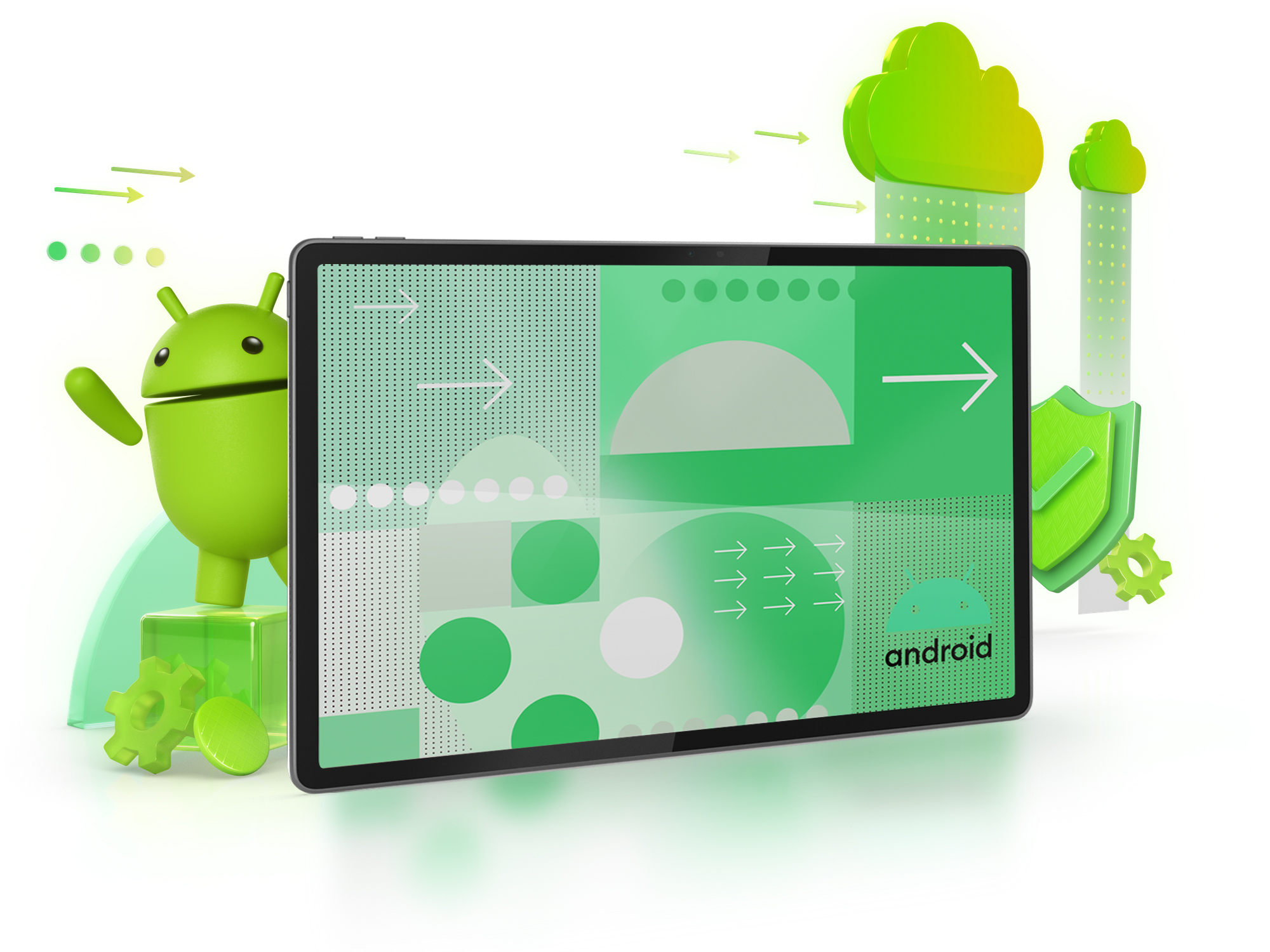 Grüner Android-Roboter neben einem Tablet mit grünen Symbolen und Pfeilen.