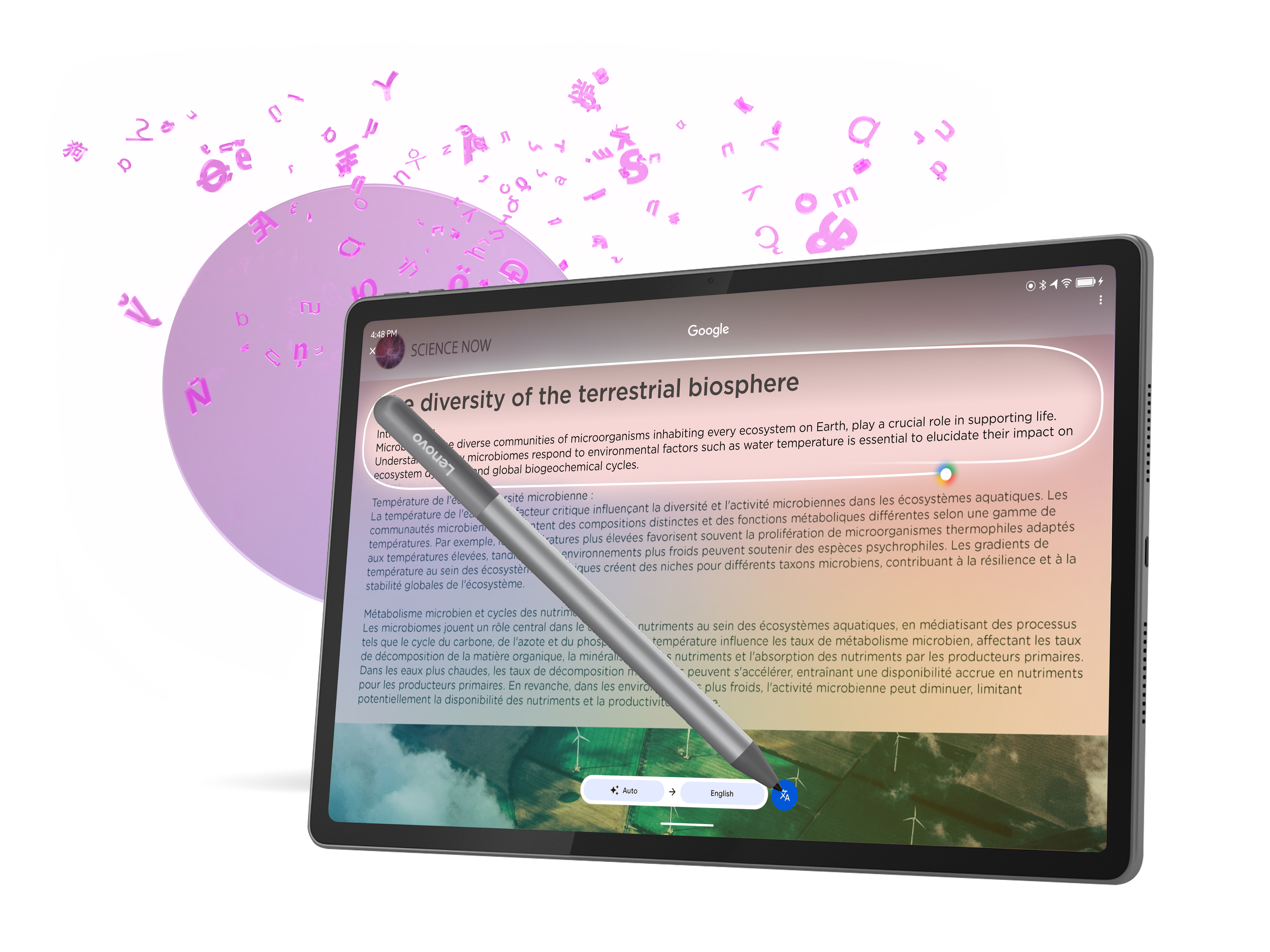 Ein Tablet zeigt einen Artikel über die Vielfalt der terrestrischen Biosphäre.