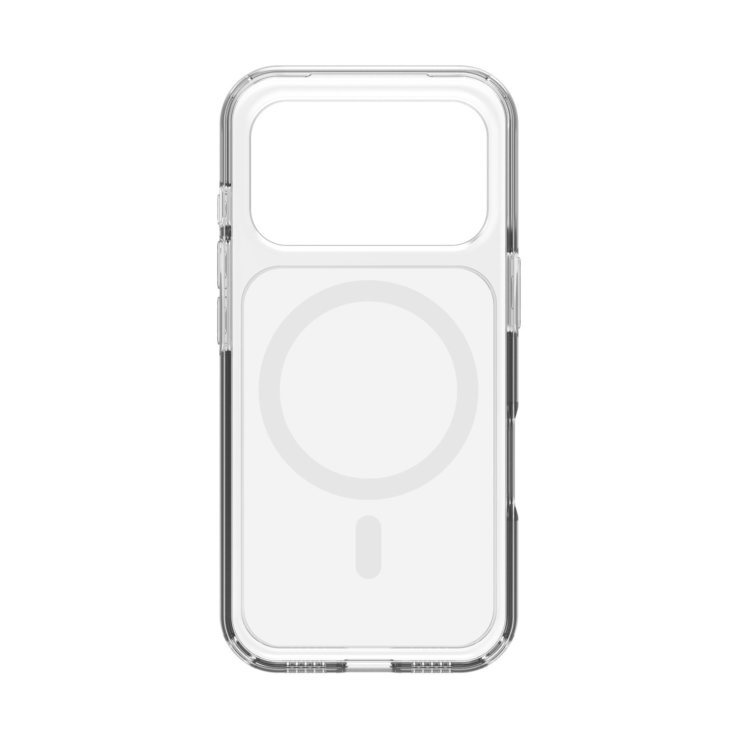 Custodia trasparente per telefono con cerchio magnetico su sfondo bianco.