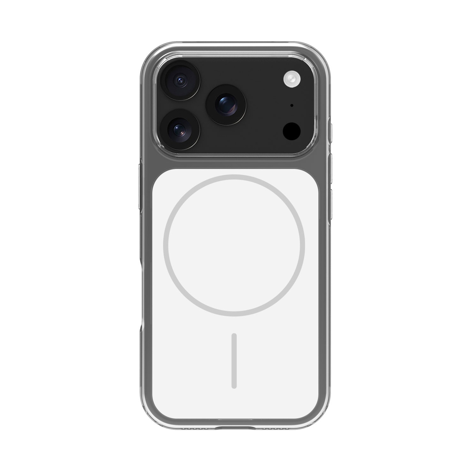 Custodia trasparente per telefono con tre obiettivi e flash.
