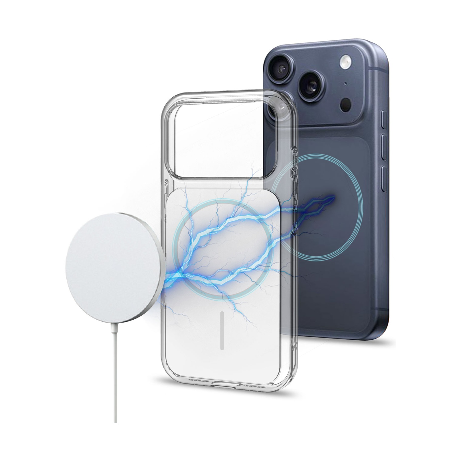 Custodia trasparente per iPhone con caricatore MagSafe bianco e fulmini blu.